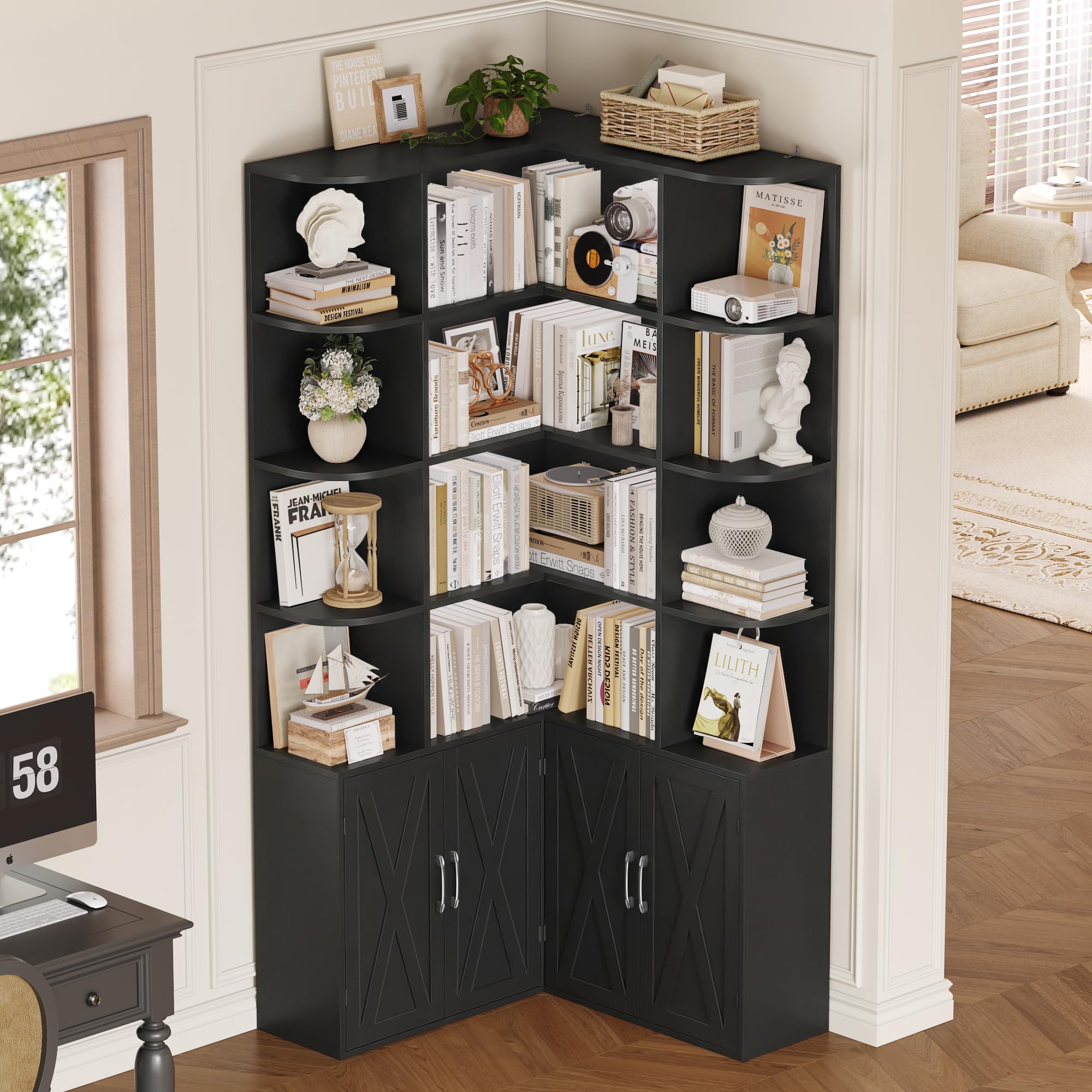 FirFurd 187cm Estantería Esquina, 4 Puertas 12 Compartimientos Negro | Estantería Libros de 5 Niveles alta Estantería Esquina, Grande Mueble Almacenaje para Salón, Oficina, Estudio 187Al.x80x80cm