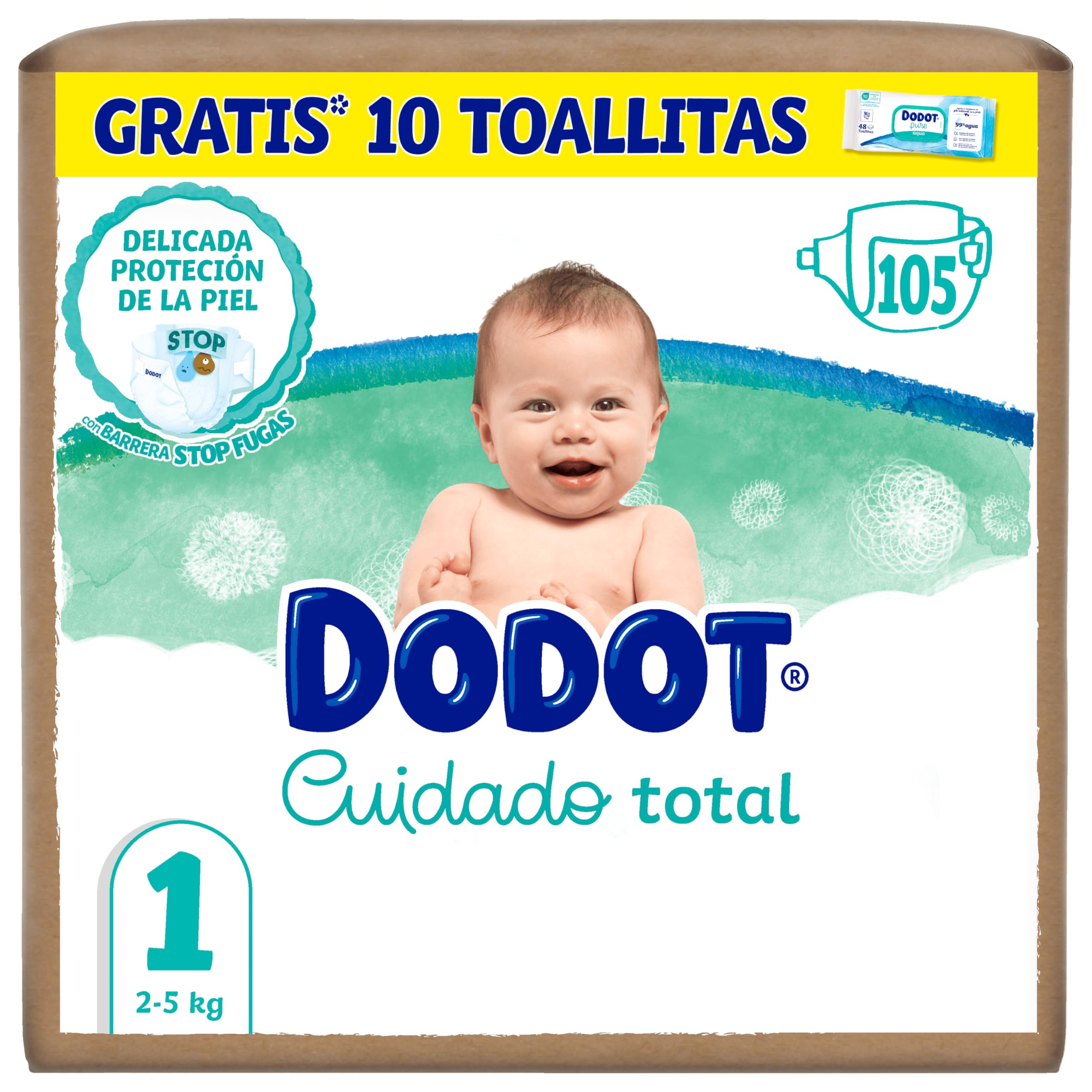 Dodot Pañales Bebé Cuidado Total, Talla 1 (2-5 kg), 105 Pañales + Regalo de 10 Toallitas Aqua Pure 99% Agua, Protección Delicada De La Piel, Pack Mensual en oferta en Amazon