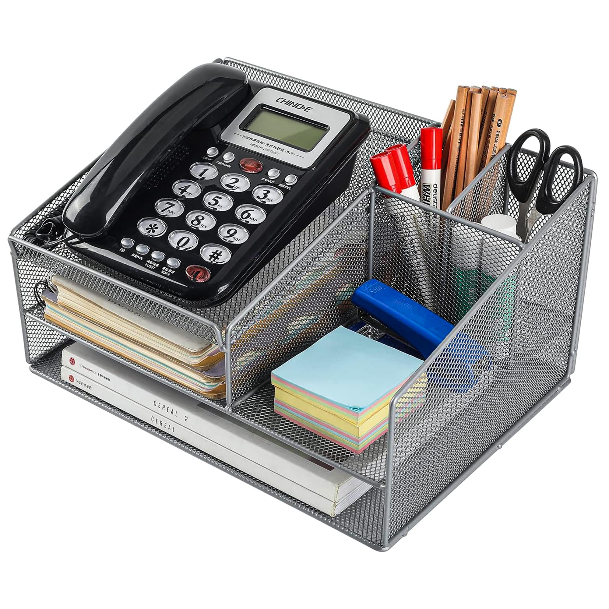 Telephone Stand, Desk Organizer for Office Supplies with Letter Tray Phone Stand Pen Pencil Holder for Office School, Silver