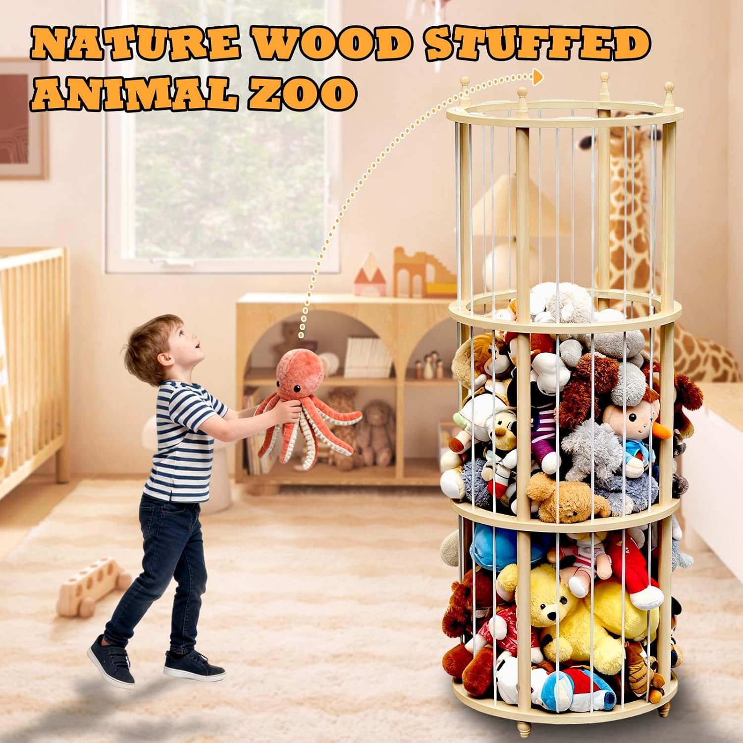 Extra Large Wooden Stuffed Animal Storage Zoo, Natural Wood Stuffy Animal Holder, Space-Saving Plushies Storage for Playroom Nursery (55" H * 22" D)