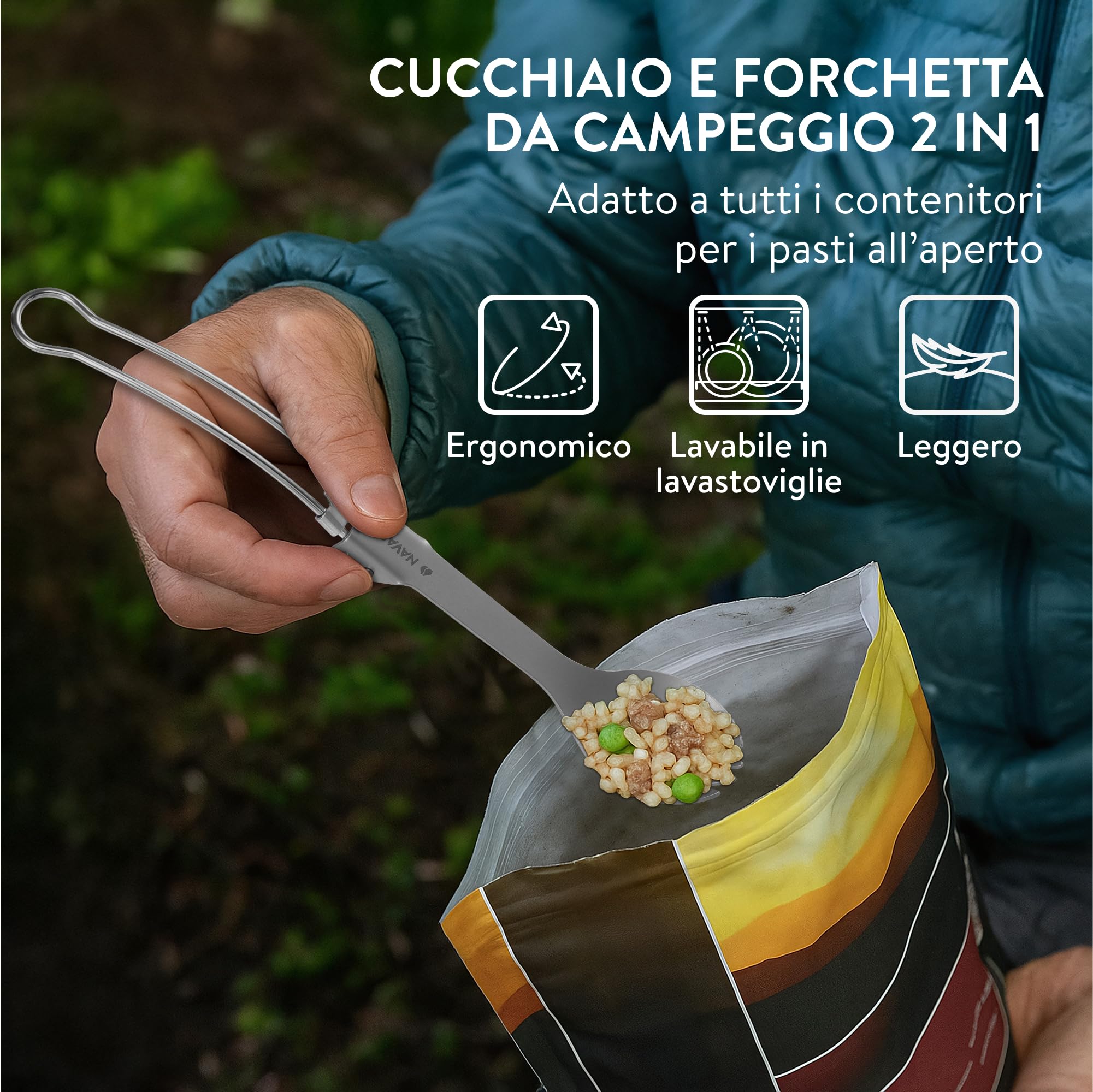 Navaris Spork Pieghevole - Cucchiaio Forchetta 2 in 1 da 21,5 cm - Posate da Campeggio Pieghevoli in Acciaio Inox e Titanio - Include Portaposate da Viaggio in Flanella