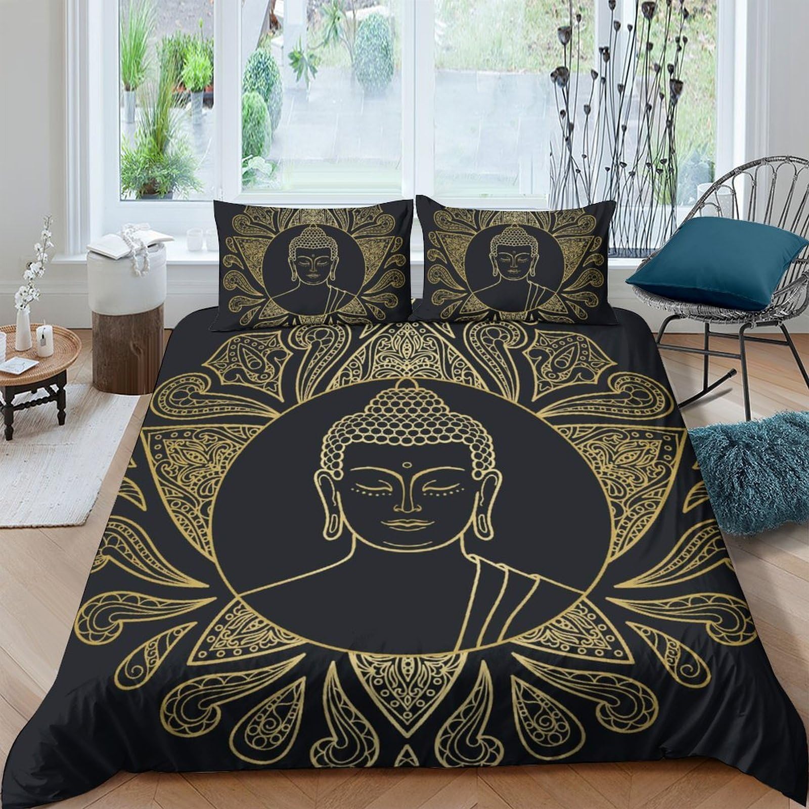 Ctjqhvkz Style-5 3D Printed Buddha Mandala Fitted Sheet Microfiber Soft Breathable Gold Black Bed Sheet For Bedroom Guest Room Decor Single（135X200cm）