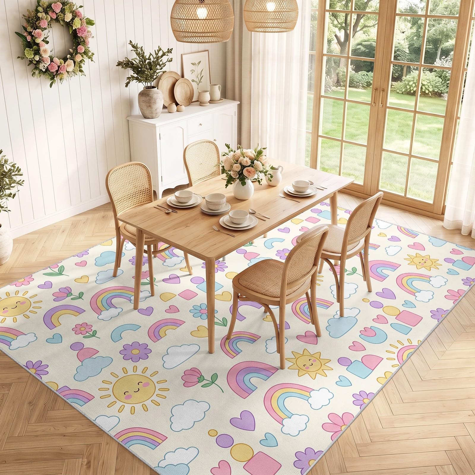 Playful Kids Area Tappeto 80 x 120 cm, beige, per soggiorno, camera da letto, decorazione per la casa, grazioso arcobaleno sole nuvola, tappeto ultra morbido antiscivolo per interni