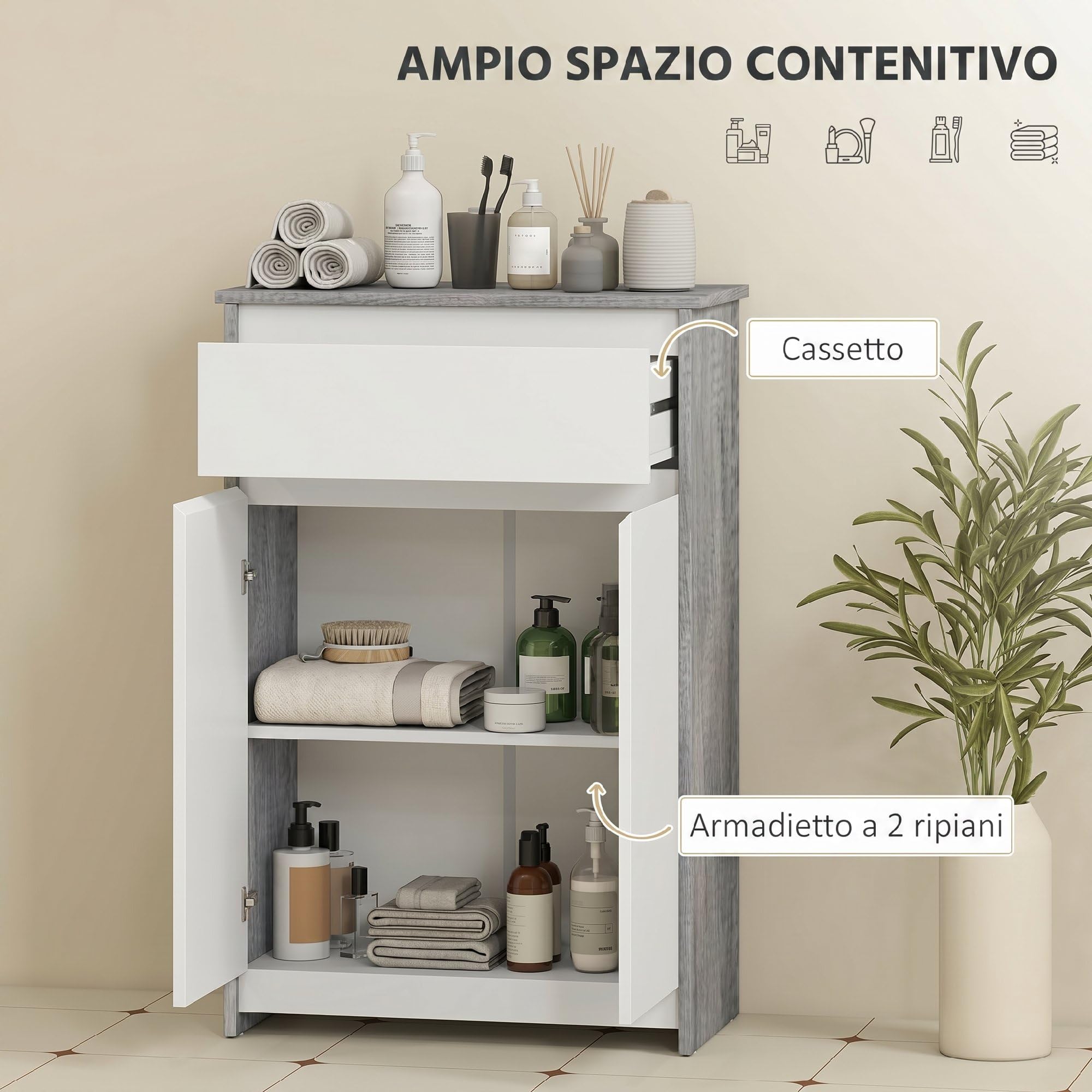 kleankin Mobile Bagno con Cassetto e Ante Doppie Grigio e Bianco | Mobiletto Bagno Salvaspazio, per Lavanderia, Effetto Legno