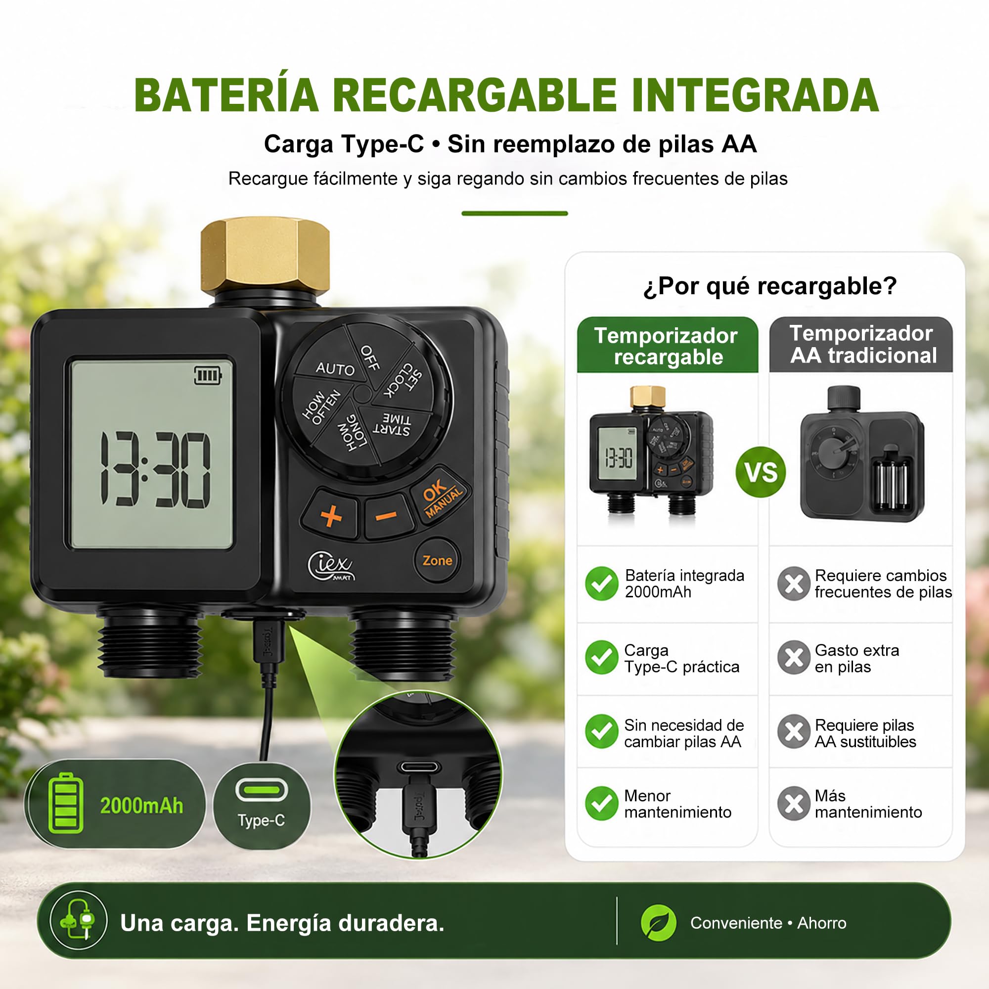 GIEX - Ordenador de riego de 2 vías, temporizador de riego recargable, 2 zonas con conexión de latón, temporizador de agua programable con IP66, retardo de lluvia y riego manual para jardín, césped
