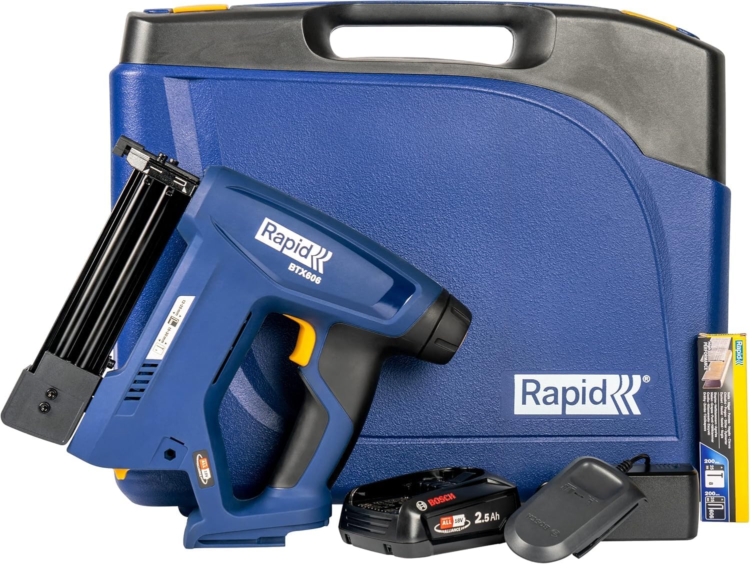 Rapid BTX606 - Agrafeuse Murale 18V, Agrafeuse-Cloueuse Électrique Sans Fil à Batterie, pour Agrafes à Couronne Étroite & Pointes, Bois Dur & Tendre + Batterie 2,5 Ah, Chargeur, Malette (5001502)