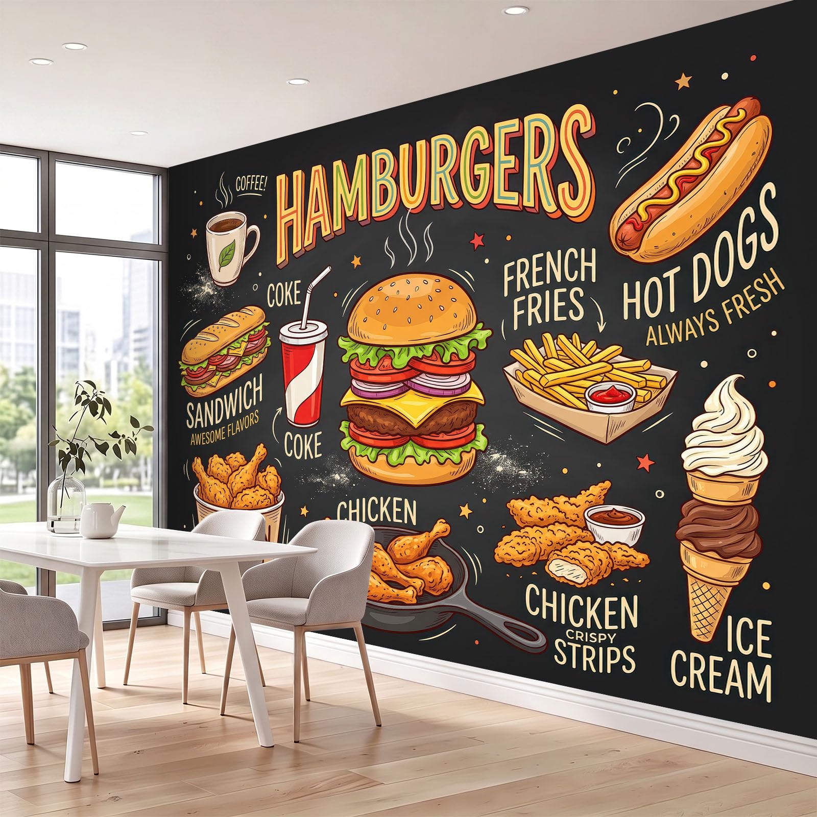 Fototapeta z motywem żywności, czarna, olbrzymi burgery i fast food, w amerykańskim stylu, tapeta z włókniny, nowoczesna tapeta ścienna, kuchnia, dekoracja ścienna, tapeta z motywem, 250 x 175 cm