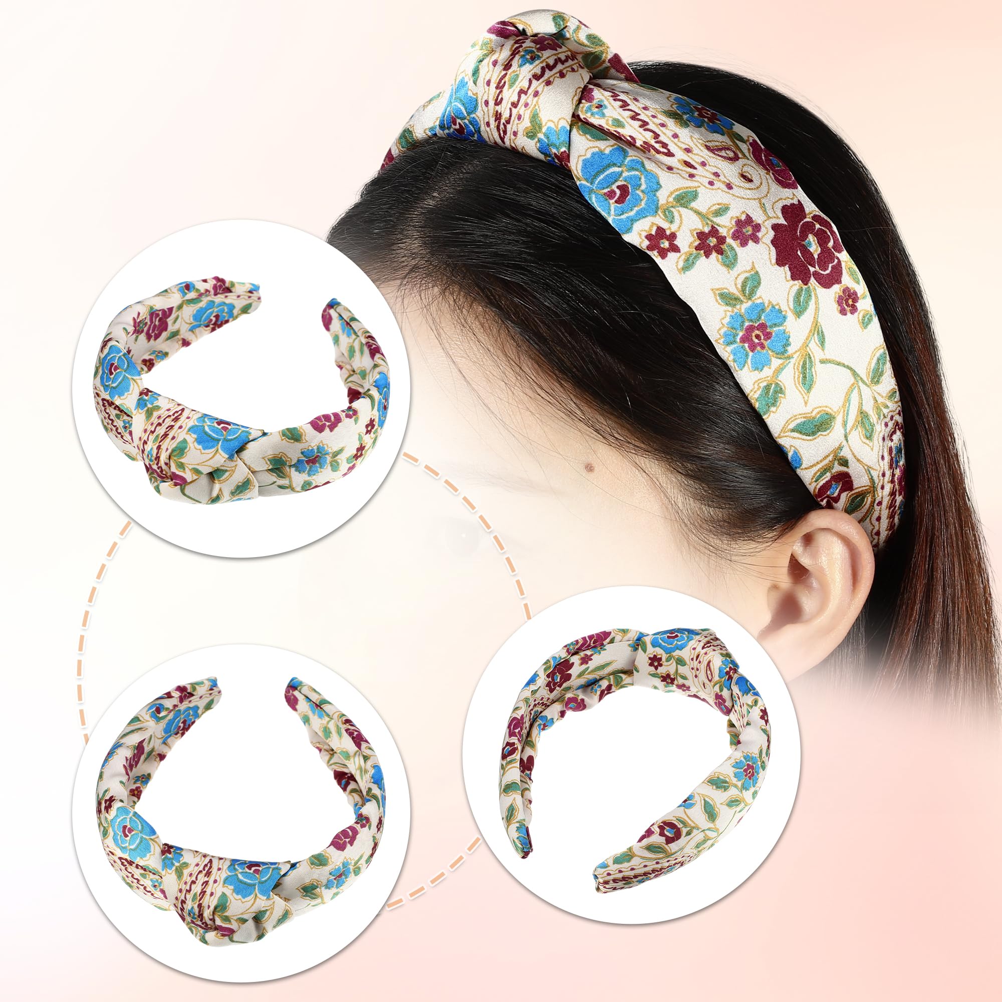 VOCOSTE Floral Pattern Knotted Headband, for Women Girl Beige, 5.20"x2.36" - Image 3