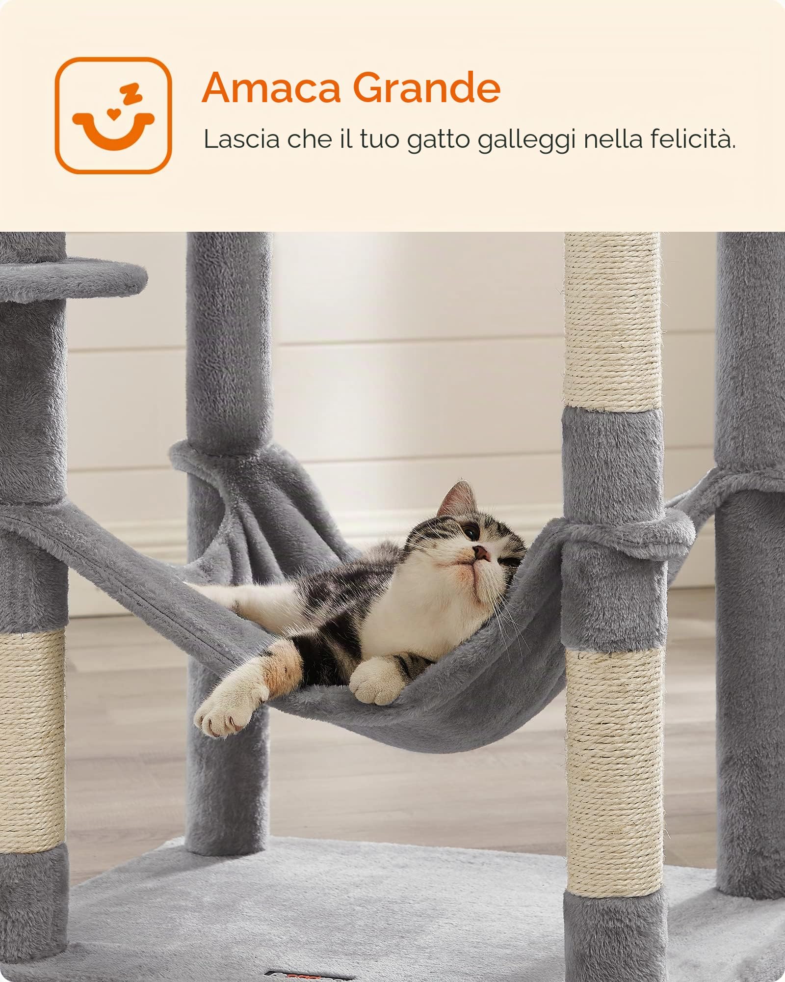 Feandrea Albero per Gatti Alto 191 cm, Tiragraffi per Gatti con 5 Pali Graffiatoi, 2 Posatoi, 2 Grotte, Amaca, 2 Pompon, in Peluche a Più Livelli, Grigio Chiaro PCT191W01