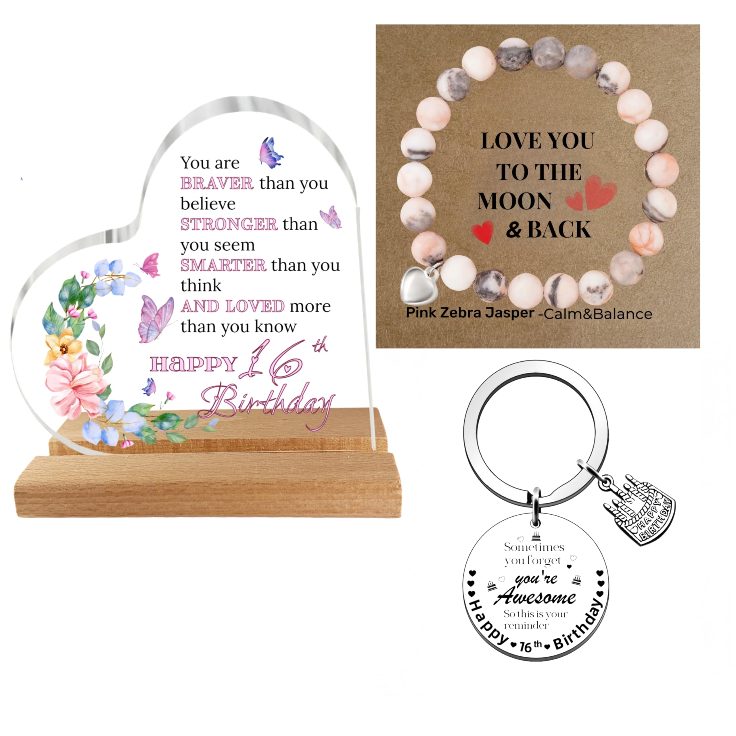 Trcousoa Girls 16Th Birthday Gifts ,Sweet 16 Gifts For – Gift Set With Inspirational Heart Plaque And Pink Zebra Jasper For Daughter, Granddaughter, Niece, Sister