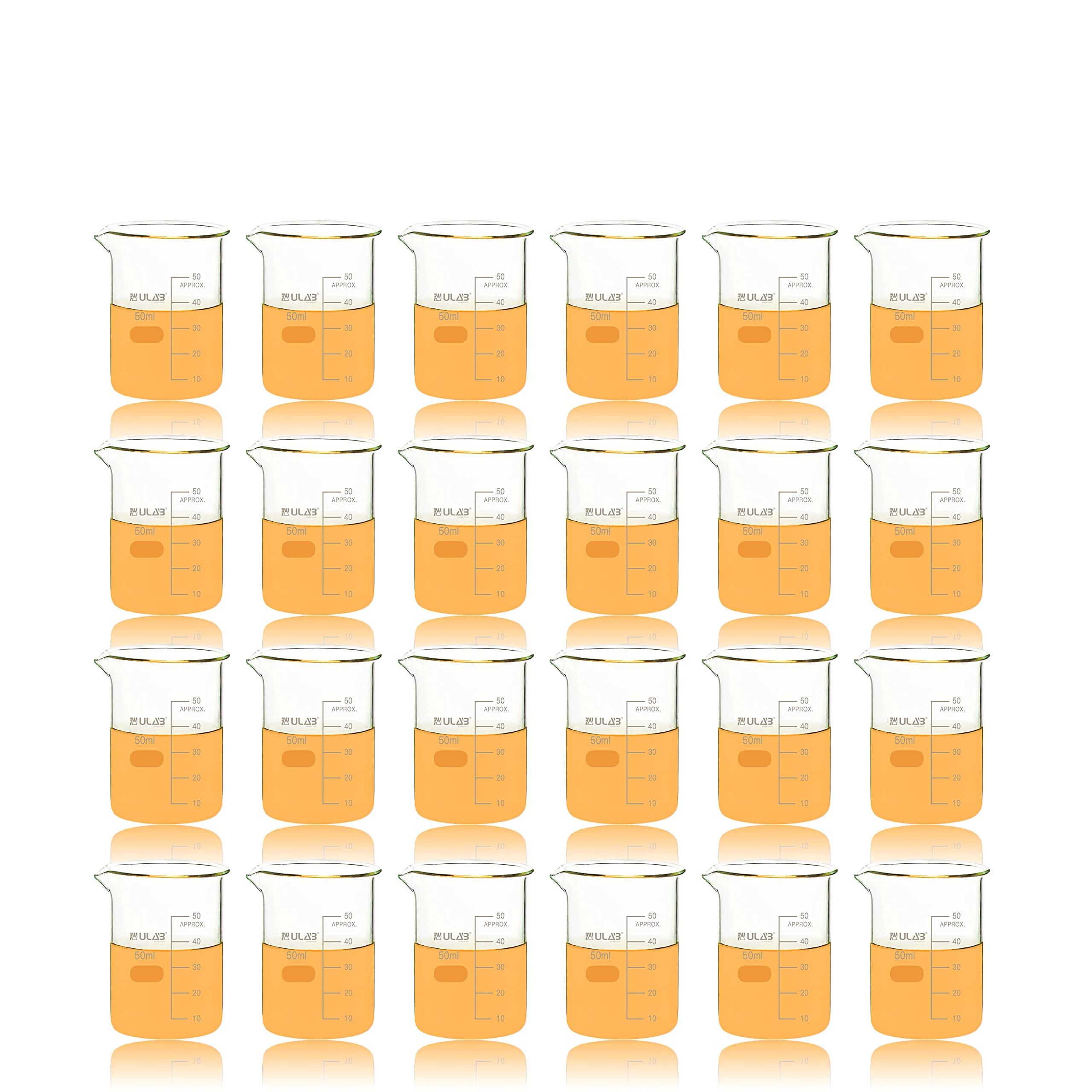 ULAB Scientific Glass Beakers, Vol. 50ml, 3.3 Borosilicate Griffin Low Form with Printed Graduation, Pack of 24, UBG1030