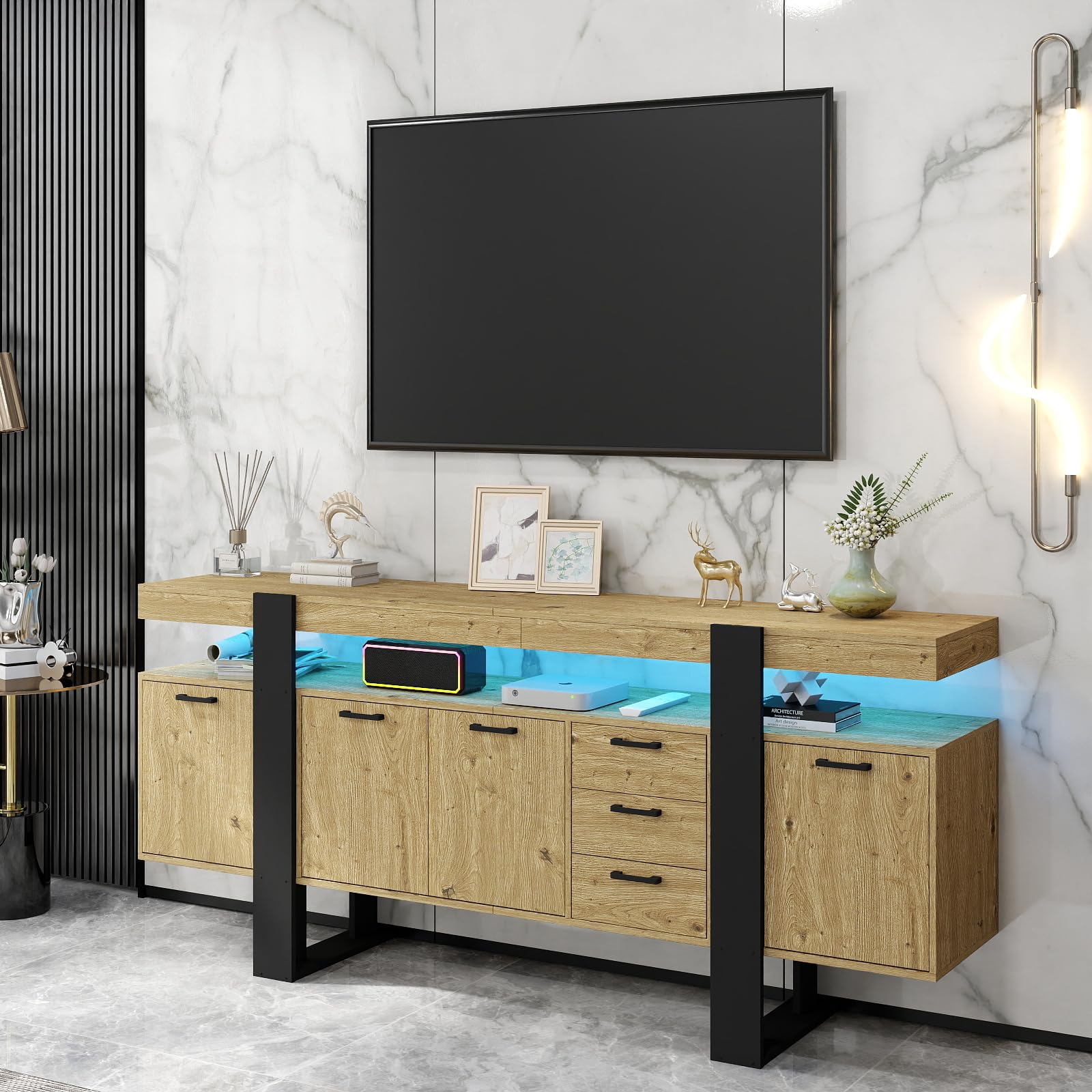 Mueble TV 180cm - Mueble TV Estilo Industrial, Muebles de Salon con 2 Cajones y 2 Puertas Armario, con Luces LED, Estructura Imitación Roble+Marco Negro, apto para Salón/Dormitorio 180x40x80cm