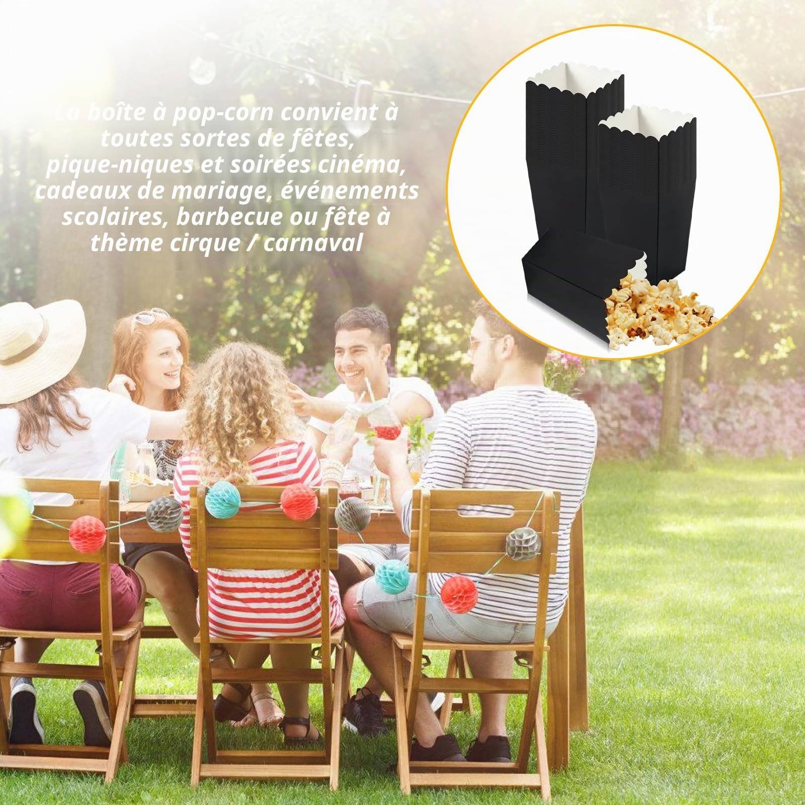 Lot de 100 sachets à pop-corn réutilisables en carton, sacs en papier de fête, petits sacs à pop-corn, boîte à goûter pour soirée cinéma, fête d'anniversaire, Noël (noir)