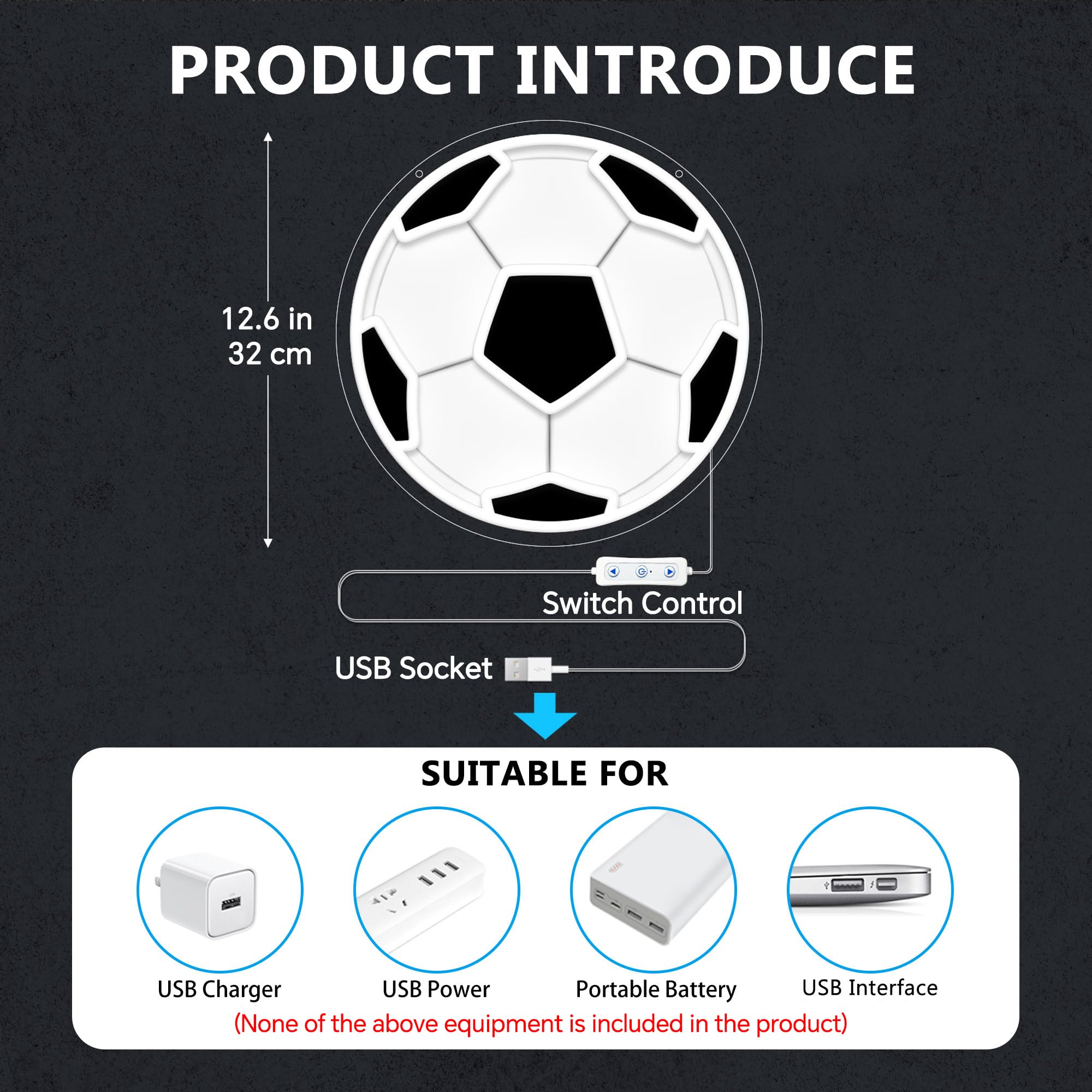 Letrero de neón de fútbol para decoración de pared, luz nocturna LED regulable, luz de neón deportiva alimentada por USB para dormitorio, decoración de sala de estar, fiesta de cumpleaños, regalos de
