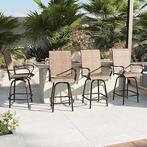 Aoxun Outdoor Swivel Bar Stools Set of 4, Premium Patio Bar Stools, Textilene Bar Height Patio Chairs, Tall Patio Chairs for Yard, Garden, Balcony (Brown)