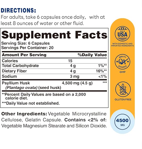 Vitamin World Psyllium Husks Capsules, 4500 mg Per Serving, 120 Capsules