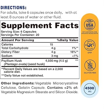 Vitamin World Psyllium Husks Capsules, 4500 mg Per Serving, 120 Capsules