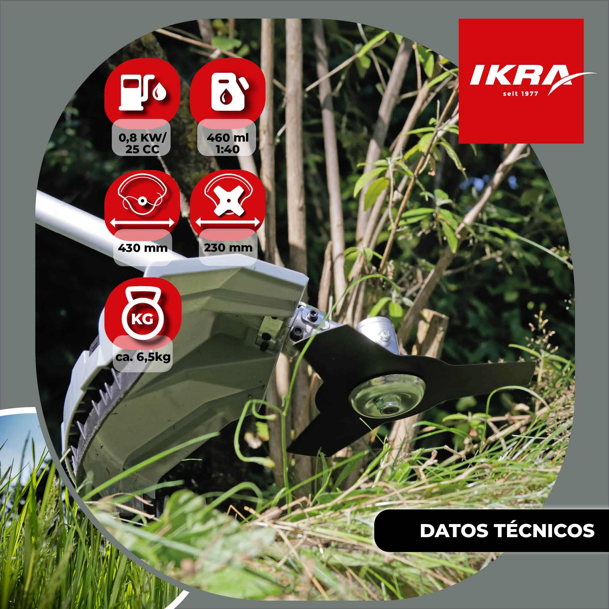 IKRA desbrozadora de Gasolina IBF 25-1 con Bobina de Hilo y Cuchilla | 25 cm³, 0,8 kW, motor de gasolina de 2 tiempos, ancho de corte de 23 cm, para cortar hierba alta, ramas pequeñas y maleza