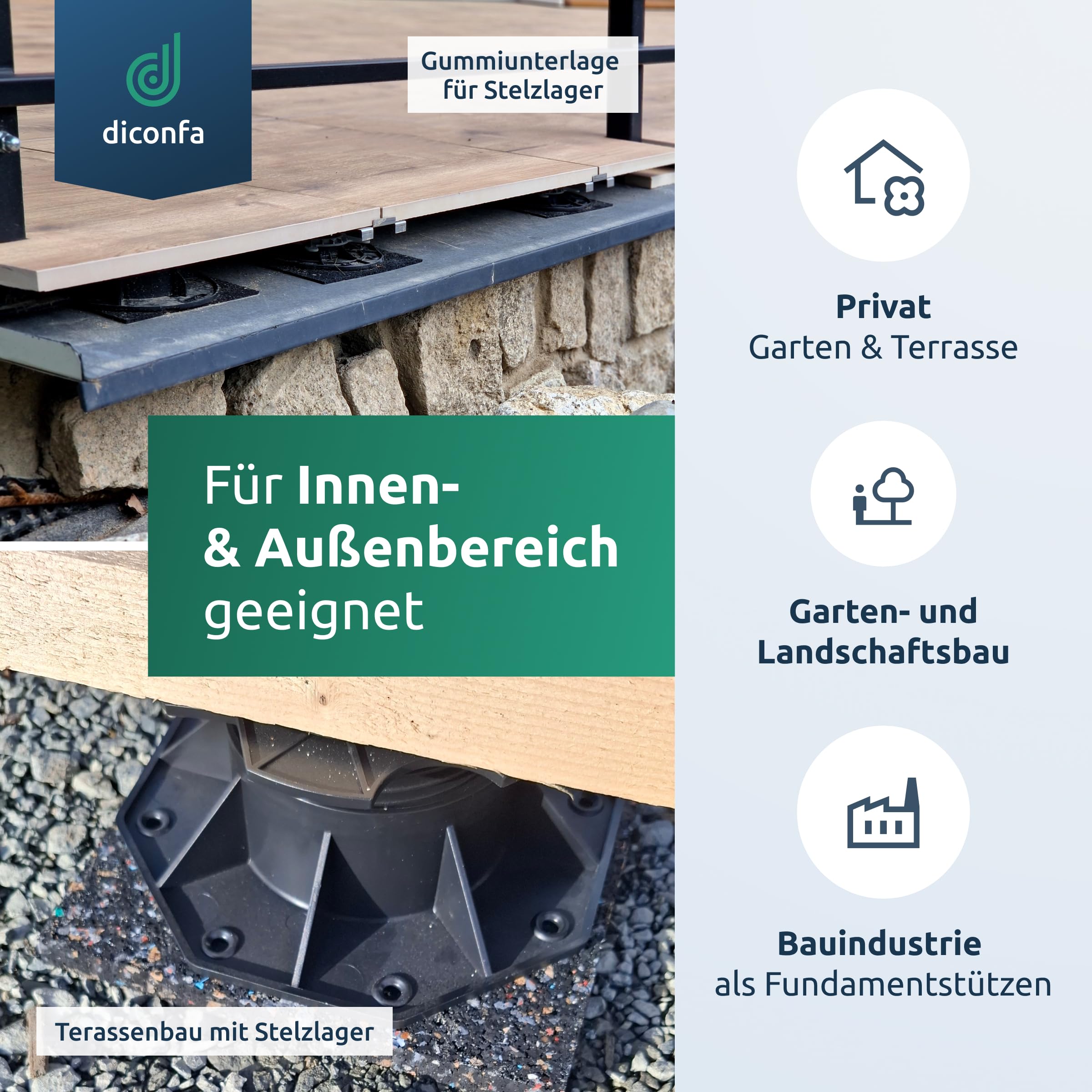 diconfa 50x Terrassenpads Gummigranulat 200x200mm, 5mm stark - WÄHLBAR - Dicke 3mm bis 20mm - Menge 1 bis 300 Stück - Gummipads Regenerat Plattenlager Stelzlager Terrassen-BAU Gerüstbau Transport