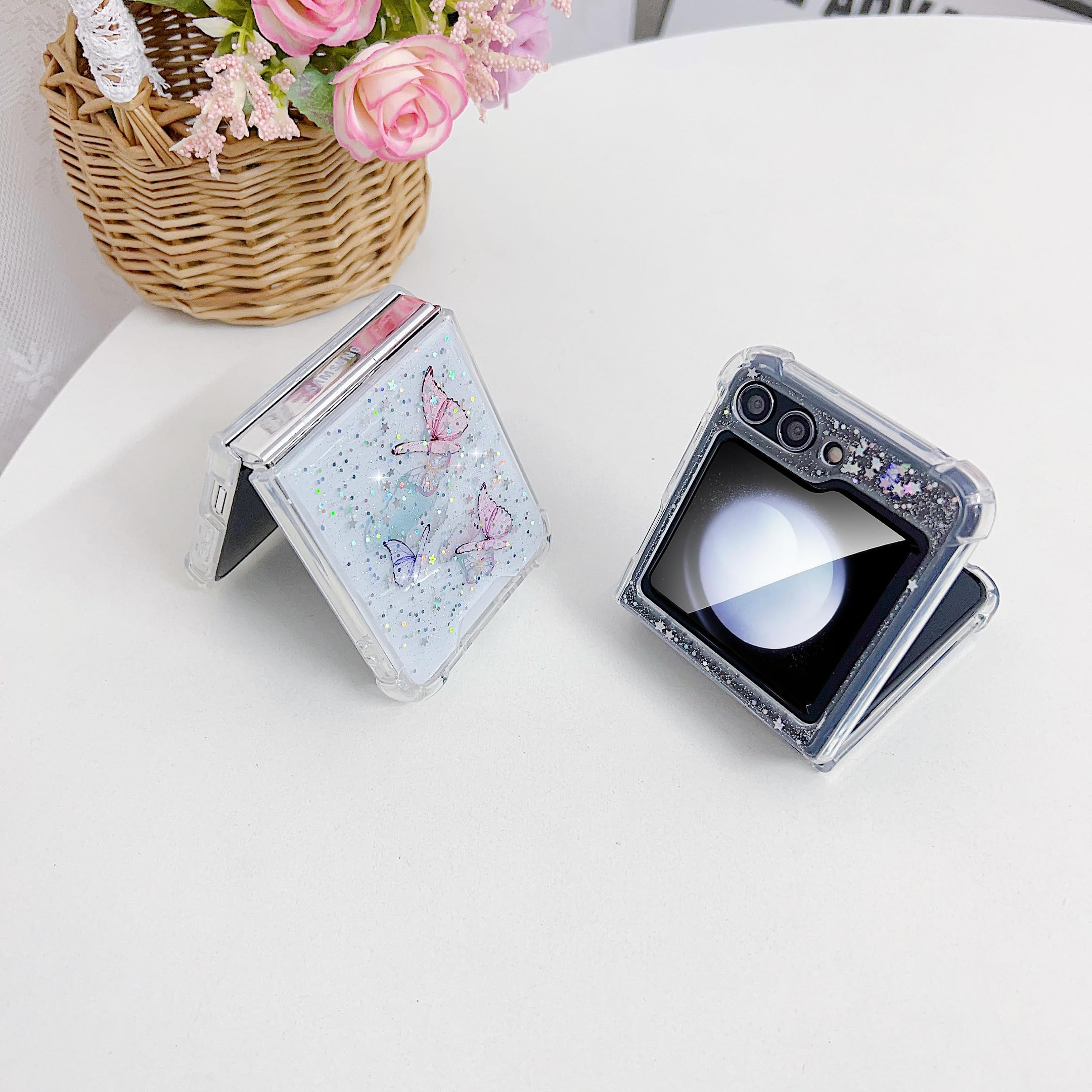 HJWKJUS for Samsung Galaxy Z Flip 5 Case,Cute Bling Glitter Sparkly Butterfly Design Slim TPU & PC Back Protective Shockproof Clear Case for Samsung Galaxy Z Flip 5-Light Blue