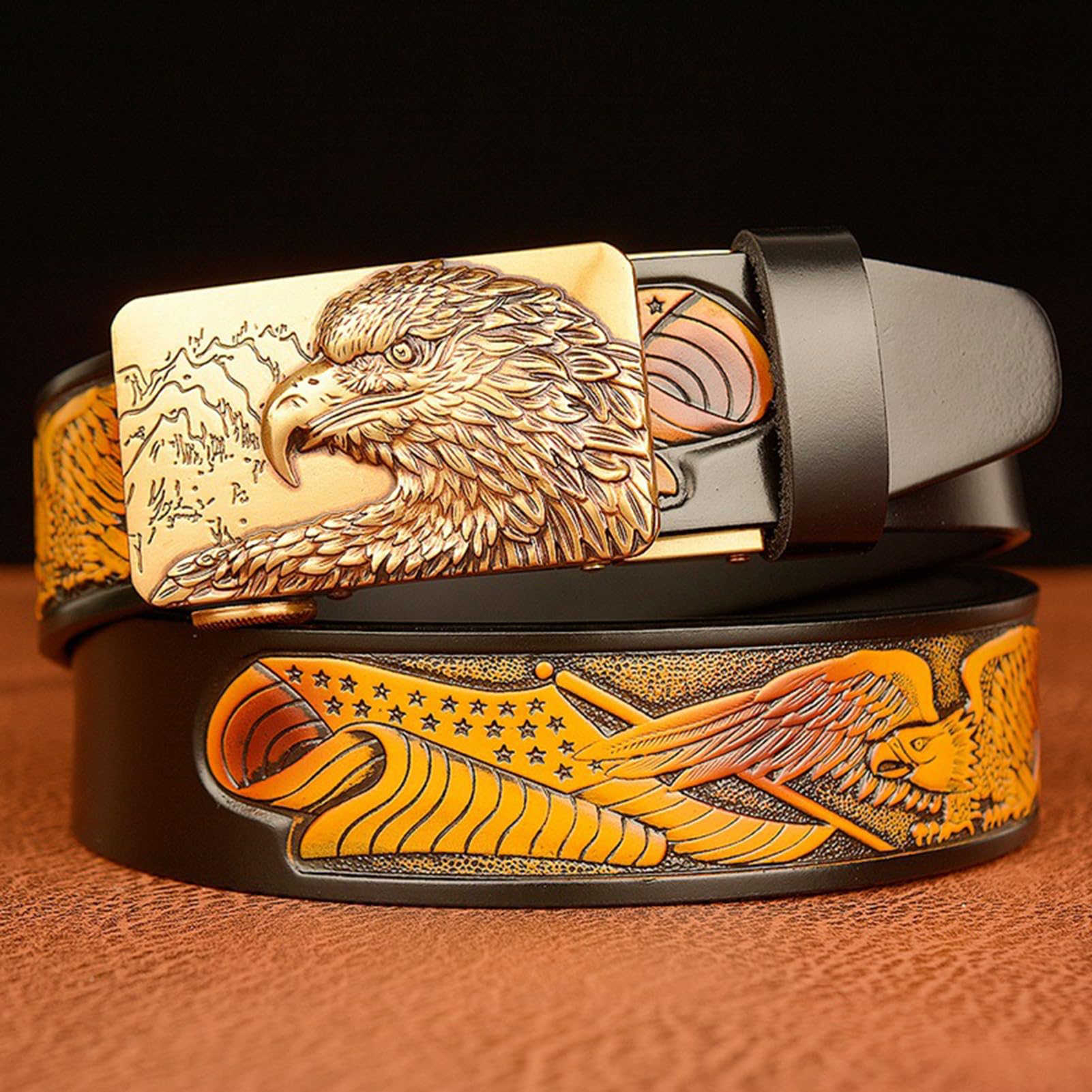 Cinturón De Cuero For Hombre Con Diseño Águila, Hebilla Trinquete Automática Deslizante, Dorada Tallada, Ajuste A Medida, 35 Mm Ancho
