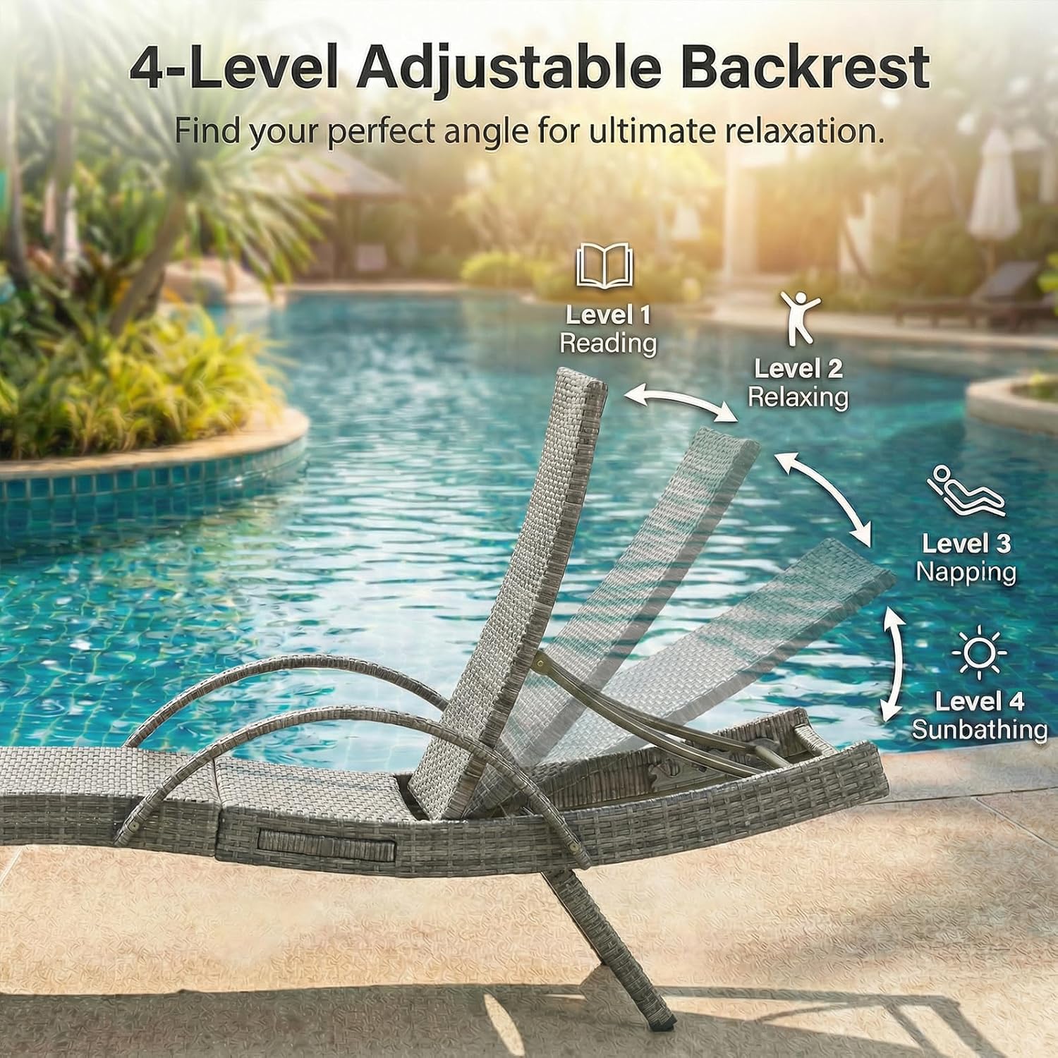 Wicker Outdoor Lounge Chairs with Pull Out Side Table, Pool Lounge Chairs Set of 6, Gray Rattan Outdoor Lounger, Adjustable Backrest Patio Chaise Lounges for Garden, Backyard, Tanning Chair, Grey