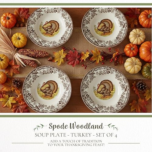 Miniatura 2 de Spode Woodland Turkey - Cuencos de sopa de 9 pulgadas, juego de 4, cuencos grandes de loza con motivo de pavo y borde de flores, vajilla de Acción