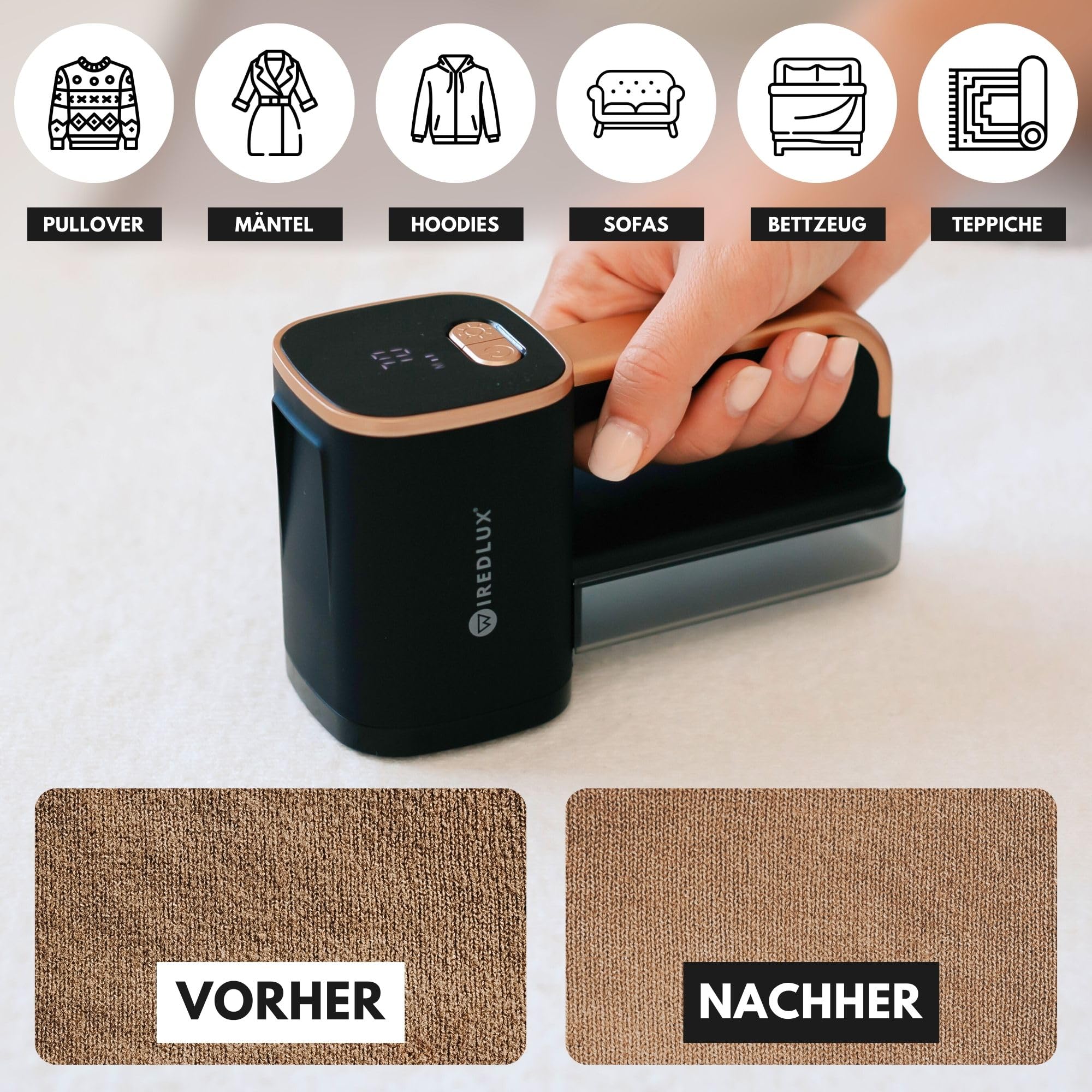 Fusselrasierer Elektrisch WiredLux - Wiederaufladbarer Fusselentferner für Kleidung & Möbel - LED-Licht, Einstellbare 3-Fach Geschwindigkeit, 6-blättrige Klinge, USB-Aufladung (Onyx/Gold)