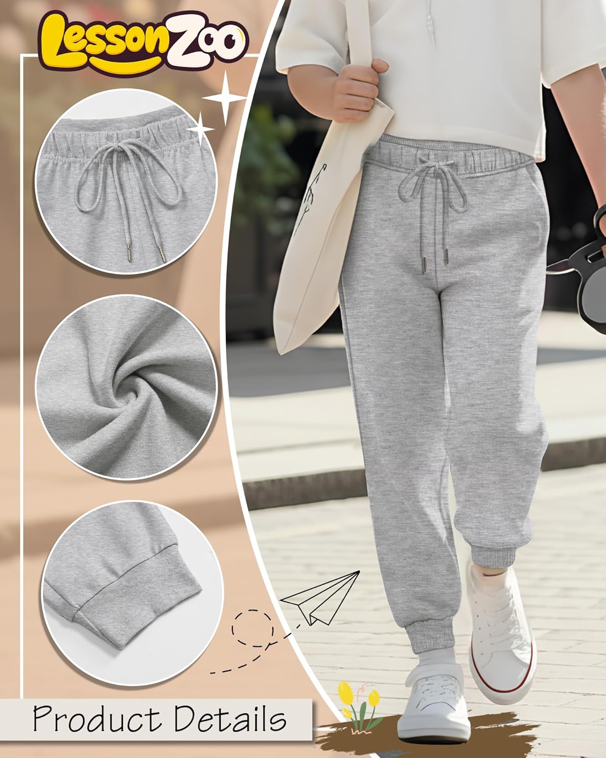 4 Pack Joggers for Girls Kids Sweatpants Drawstring Elastic Double Waisted Casual Athletic Pants with Pockets(Light Gray, Gray, Dark Gray, Black,9-10 Years) - Image 4