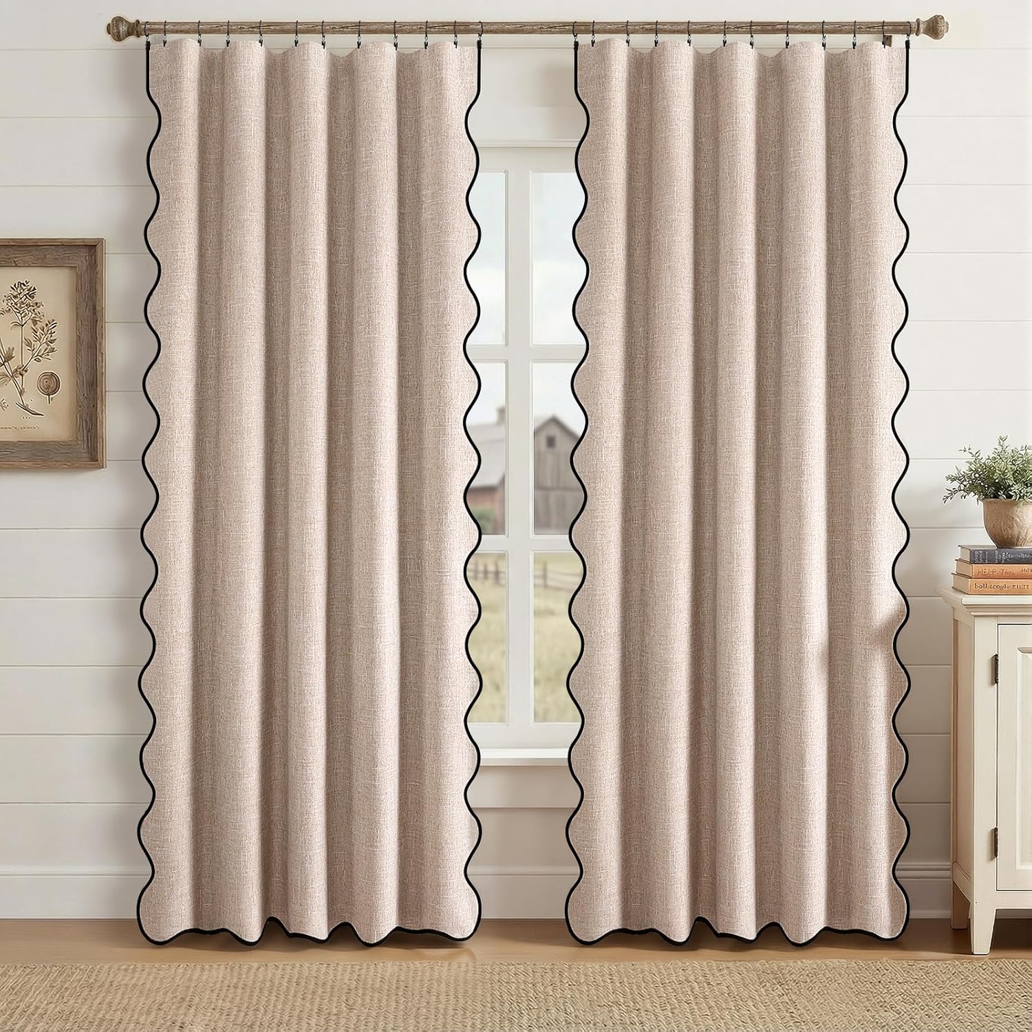 Beige 100% Blackout Curtains for Bedroom 84 Inch, Linen Textured Thermal Insulated Curtains 2 Panels for Living Room Black Wavy Edge Modern Farmhouse Rustic Rod Pocket Drapes