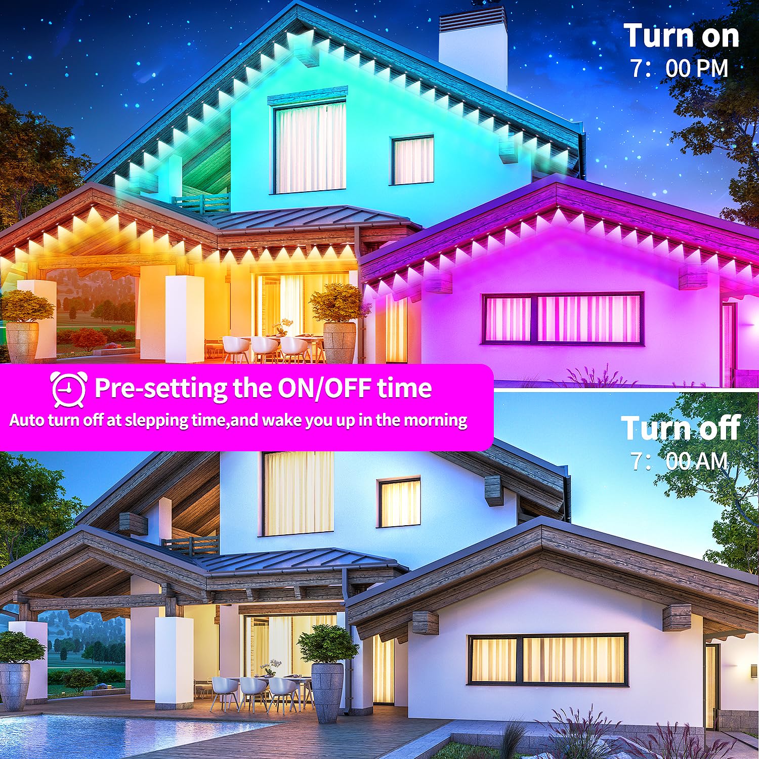 Permanente Außenleuchten für Haus, 60 m, wasserdicht, intelligentes RGB-LED-Dachtrauflicht, permanente Außenleuchten mit App/Fernbedienung, Musik-Synchronisation, für Haus, Halloween, Dach