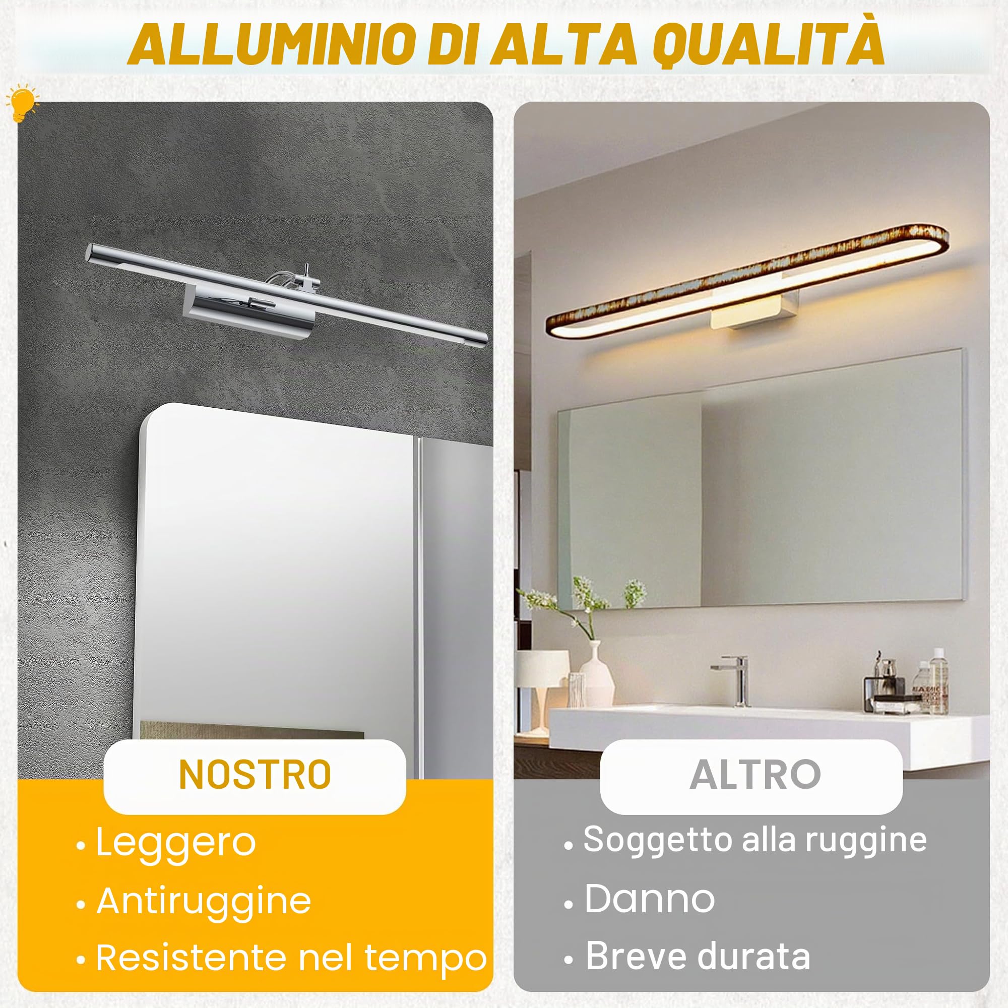 UISEBRT Lampada LED per specchio da bagno, 10 W, 40 cm, tubo fluorescente regolabile a 180°, base con interruttore, lampada da bagno in argento, per illuminazione da parete e specchio, tipo C, bianco