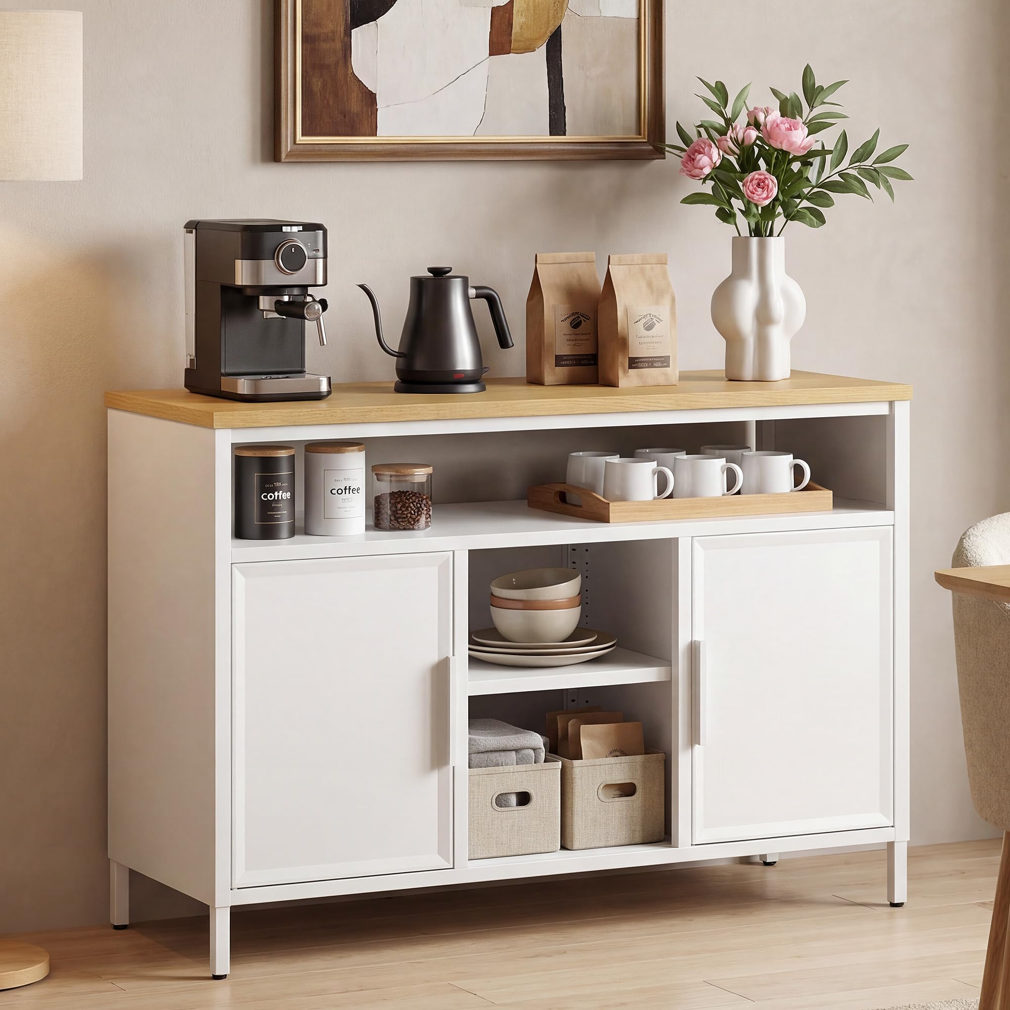 YITAHOME Sideboard Metallschrank, Küchenschrank Doppeltür, 108 cm, Weiß