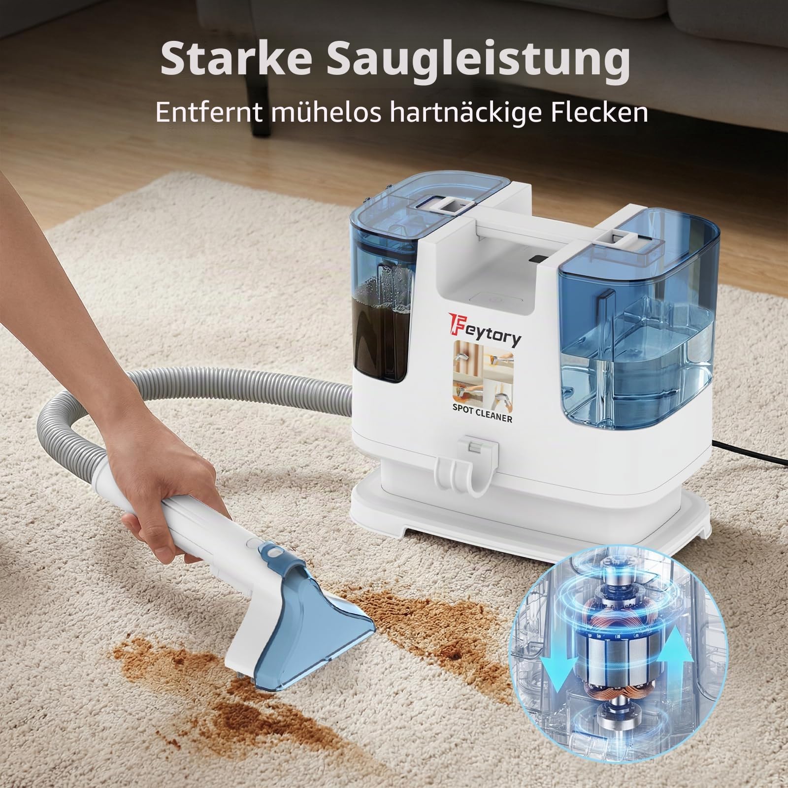 Tragbare Teppich- und Polsterfleckenreiniger-Maschine, 500 W, leistungsstarker Saugfleckenentferner mit zwei Wassertanks, 2 Reinigungsbürsten für Couch, Sofa, Teppich, Matratze, Autositz