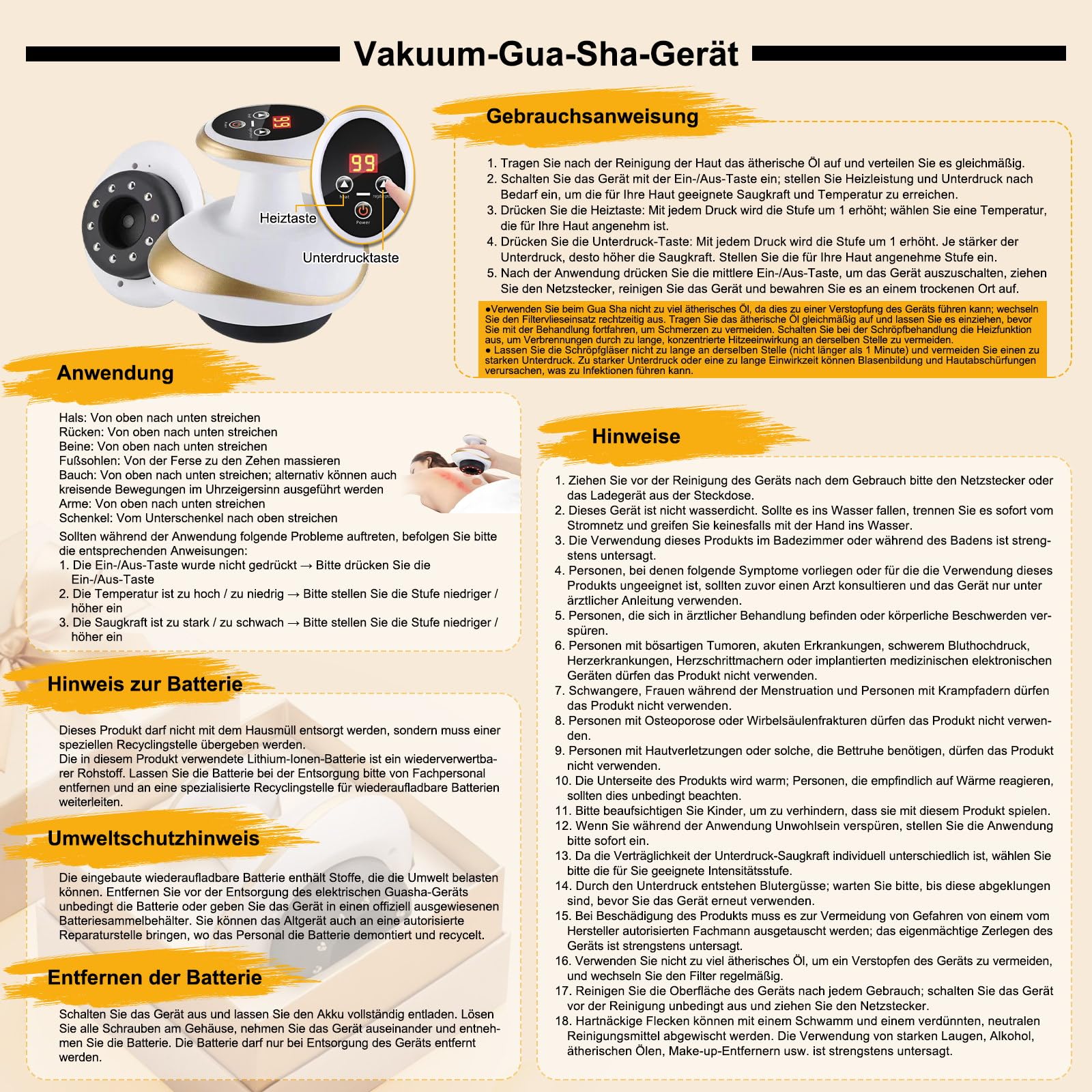 Vakuum Massage 4-in-1 Cellulite Massagegerät, Elektrisches Vakuum & Gua Sha Gerät für straffere Haut, Tiefenmassage mit Wärme, Körperformung & Durchblutung für Ganzkörper Anwendung Zuhause