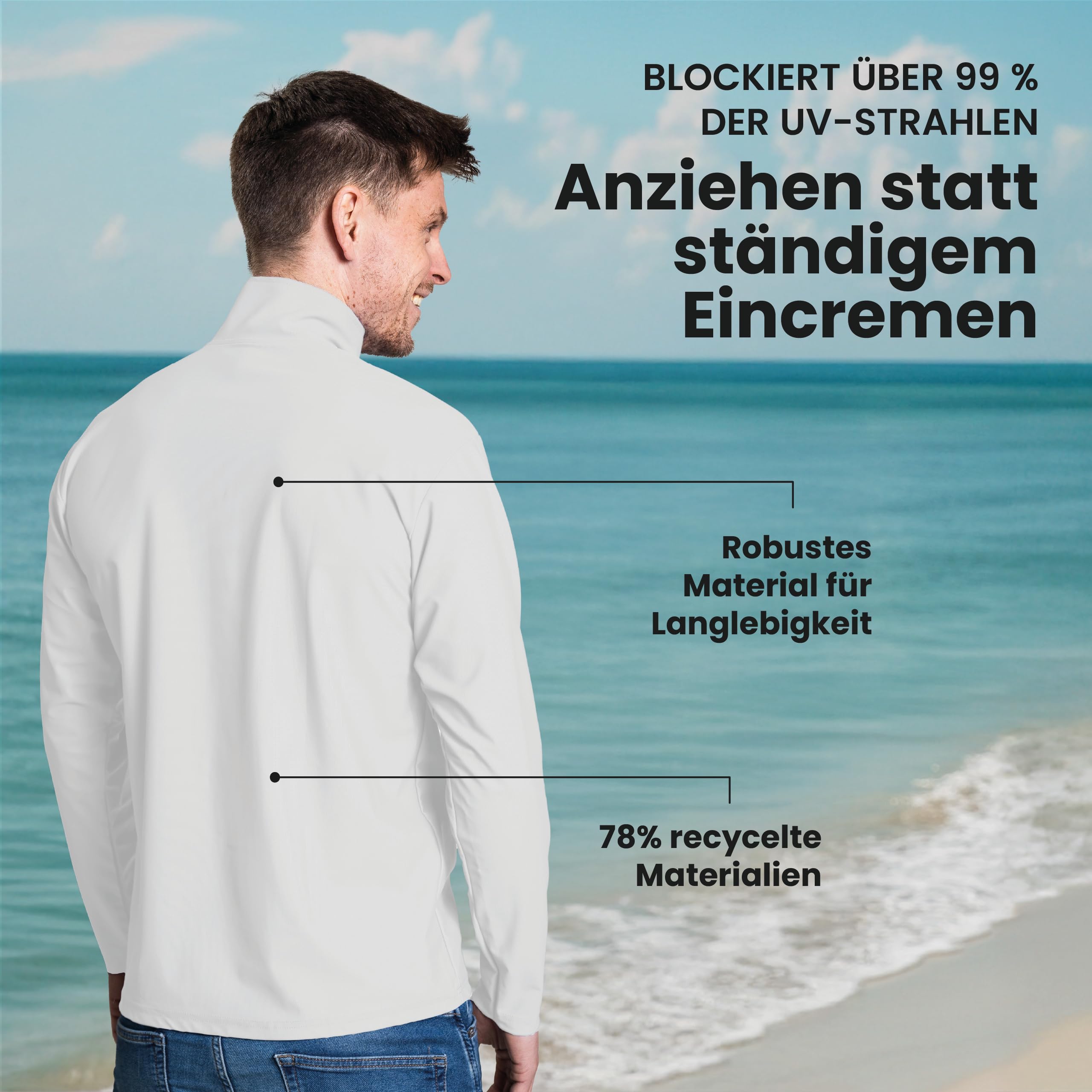 iQ-UV Shirt für Herren Langarm mit Reißverschluss Weiß L – Rashguard für Männer mit Sonnenschutz für Aktiv- und Wassersport – Schwimmshirt – Atmungsaktiv und schnelltrocknend