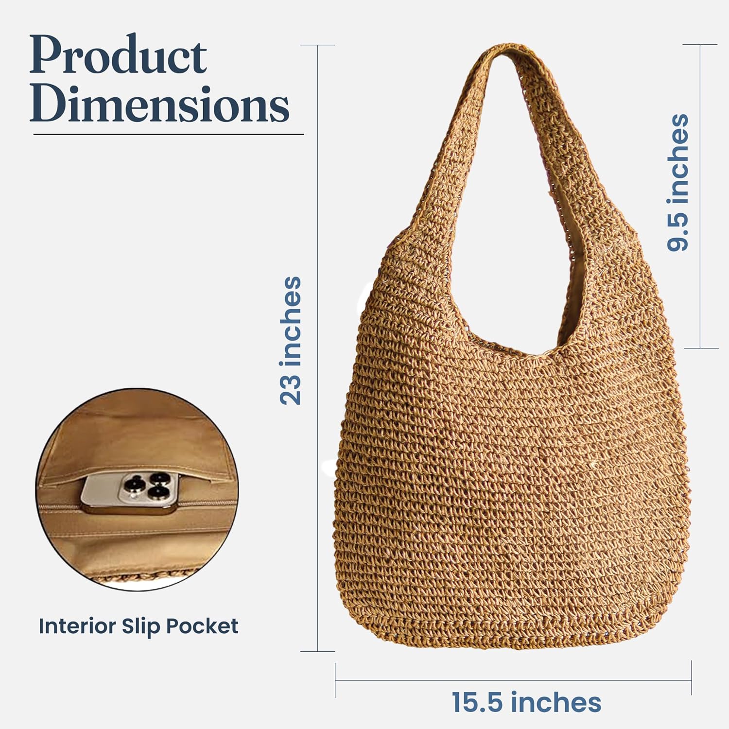 Fine Living Large Straw Tote Bag for Women – Tote Purse with Zipper, Handmade Woven Shoulder Slouchy Purse, Brown Spacious Boho Bag for Travel, Vacation & Casual Outfits - Image 7