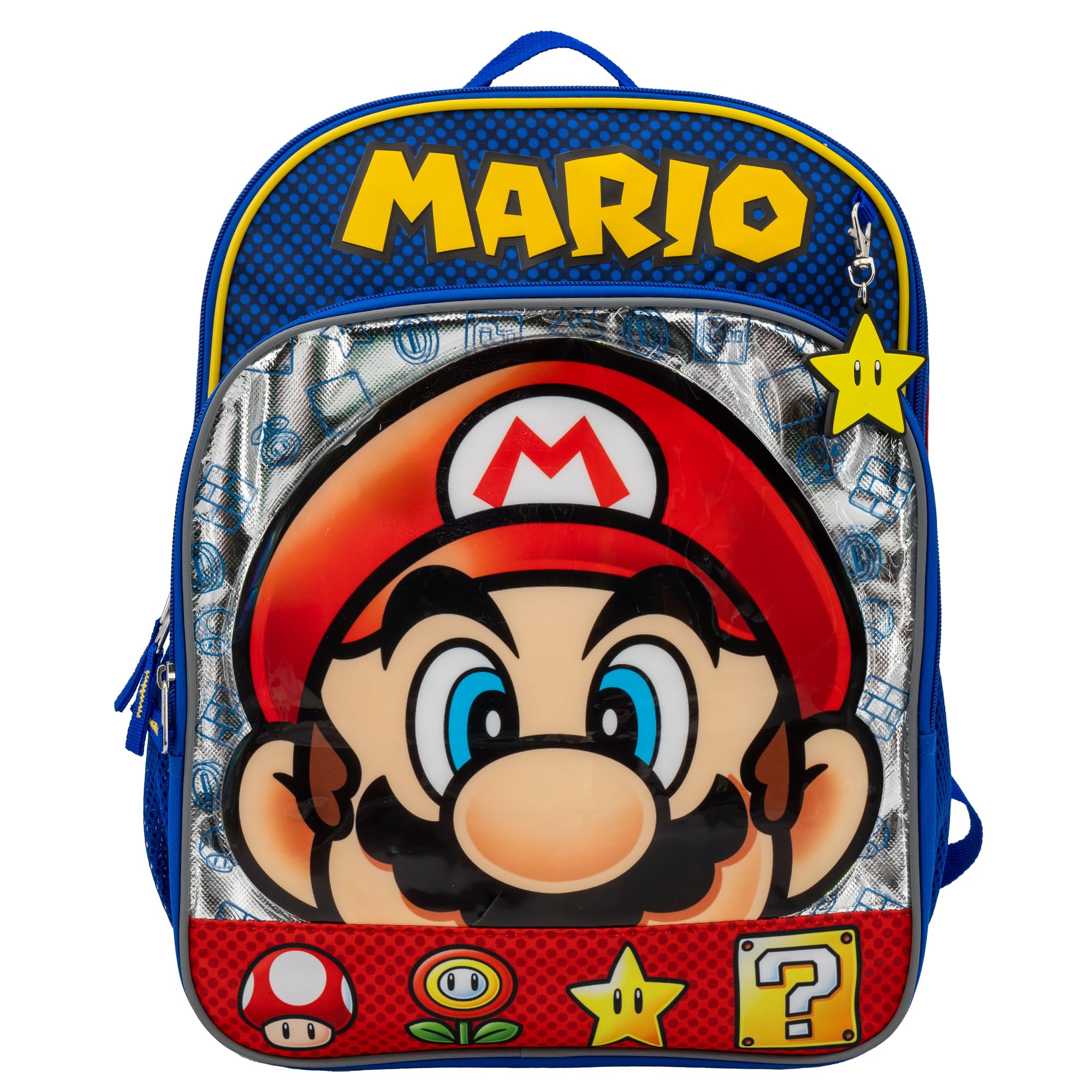 AI ACCESSORY INNOVATIONS Super Mario Brothers Backpack, 16” Nintendo School Bag Featuring a Big Face Mario, Blue & Red