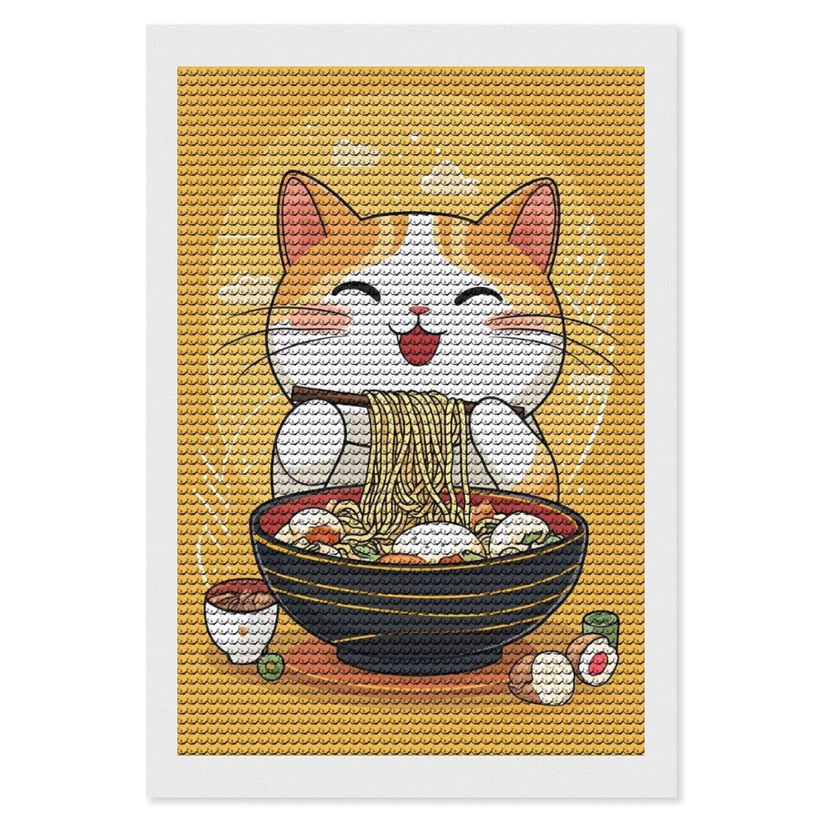 Junmoney Cute Cat Eating Ramen Diamond Painting Canvas Kit 8"x12", Adhesive Canvas, Christmas Gift, Full Kit Included, Thoughtful Present