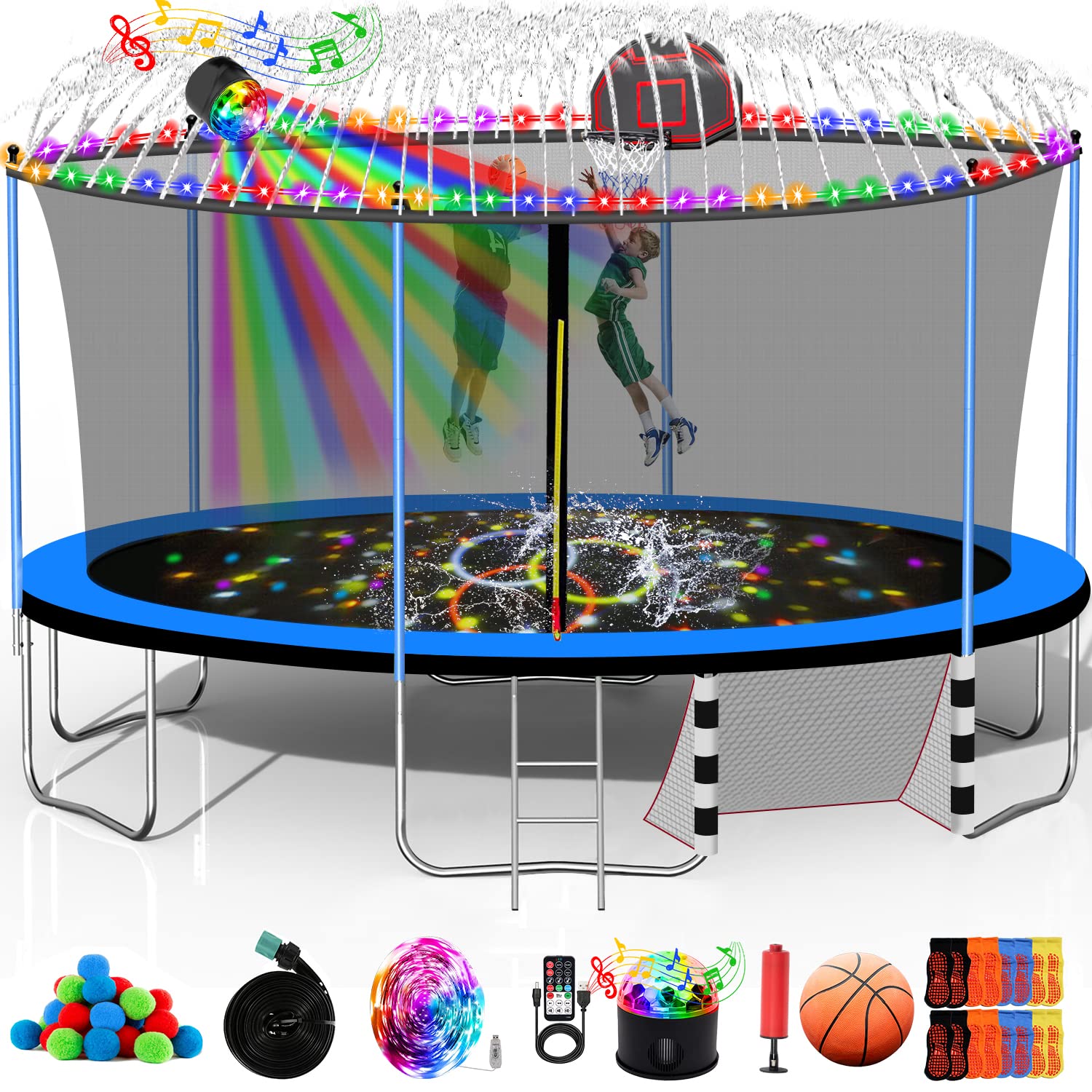 Goujxcy 1500 LBS Trampoline for Adults 7-10 Kids, 16FT With Basketball Hoop, Enclosure Net, Sprinkler, Water Ball, Light With Speaker, Sock - ASTM CPC CPSIA Heavy Duty Blue