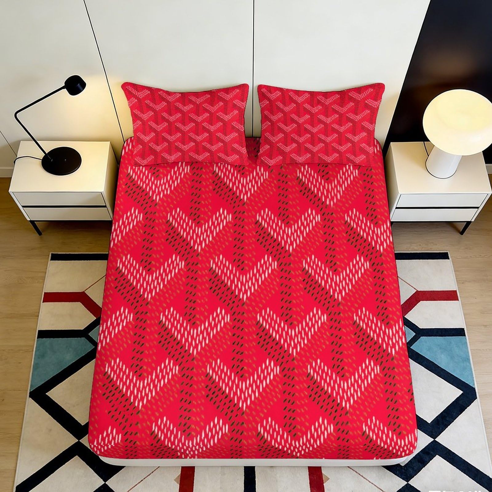 3D Printed Red Chevron Fitted Sheet Microfiber Soft Bedroom Decor Arrow Pattern Mattress Cover for Home Dorm 90x200x25cm