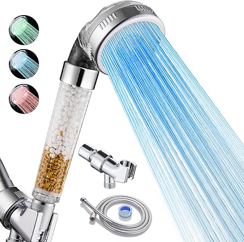 Cobbe Cabezal de ducha LED filtrado con mano, cambio de color, cabezal de ducha de alta presión con filtro, cabezal de ducha de mano con rociador de