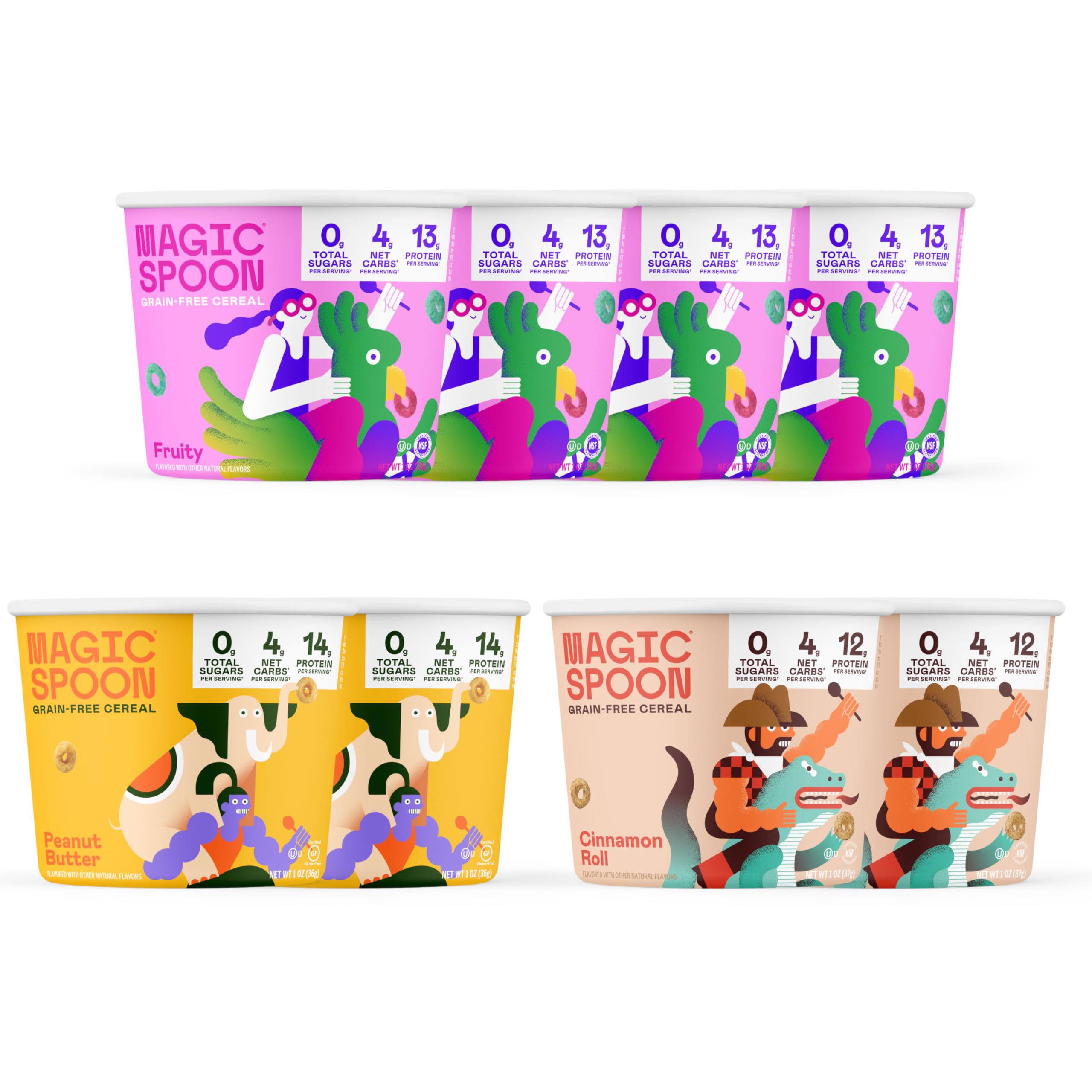Magic Spoon Cereal, Variety 8-Pack Single Serve Cups - Keto & Low Carb Lifestyles, Gluten & Grain Free, High Protein, 0g Sugar (4 Fruity Cups, 2 Peanut Butter Cups, 2 Cinnamon Roll Cups)