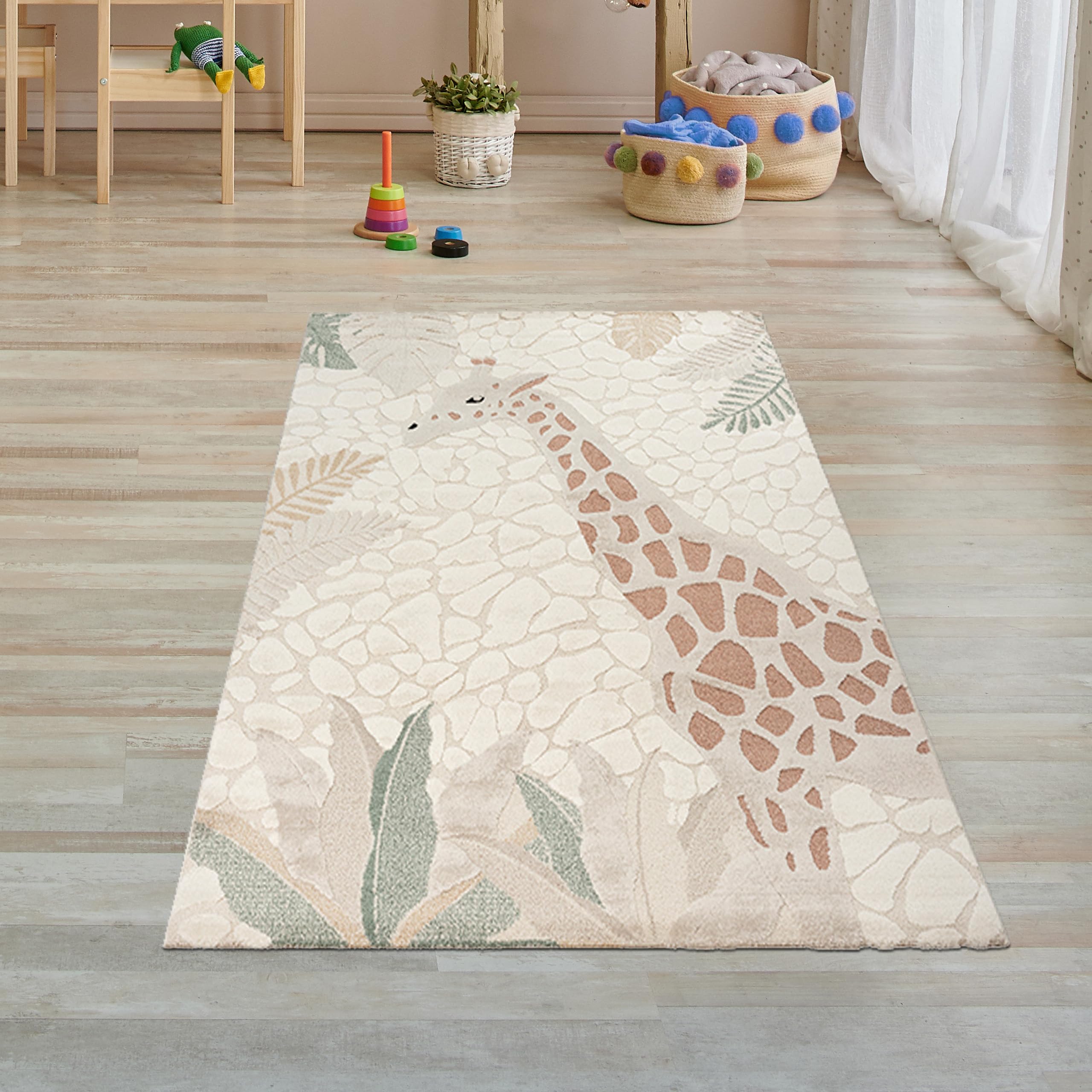 Tapis-Traum Tapis Doux Facile à Entretenir Motif Girafe avec Feuilles crème Vert 80 x 150 cm
