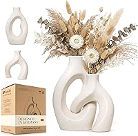 EDELHAUS White Ceramic Vase Set of 2 - Handmade Hollow Oval Nordic Minimalist Vases for Pampas Grass, Boho Farmhouse Living Room Decor & Housewarming Gifts