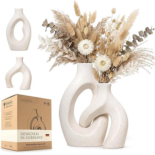 White Ceramic Vase Set of 2, Hollow Oval Flower Vases