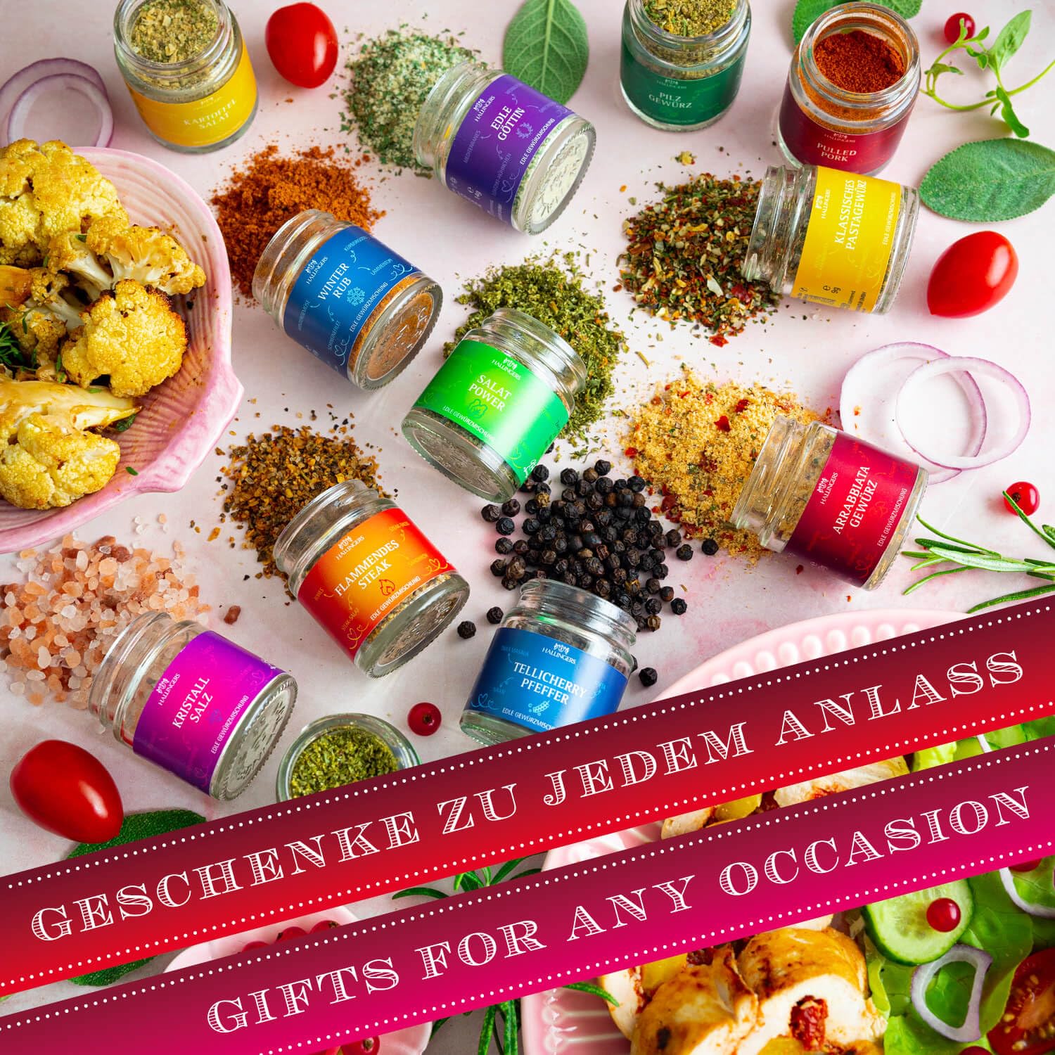 Hallingers Genuss Manufaktur Gewürz Dankeschön-Geschenk-Set - 24 Gewürze aus aller Welt in wertiger Geschenkbox mit Rezept-Booklet "Dankeschön", Geschenkidee für Frauen Männer