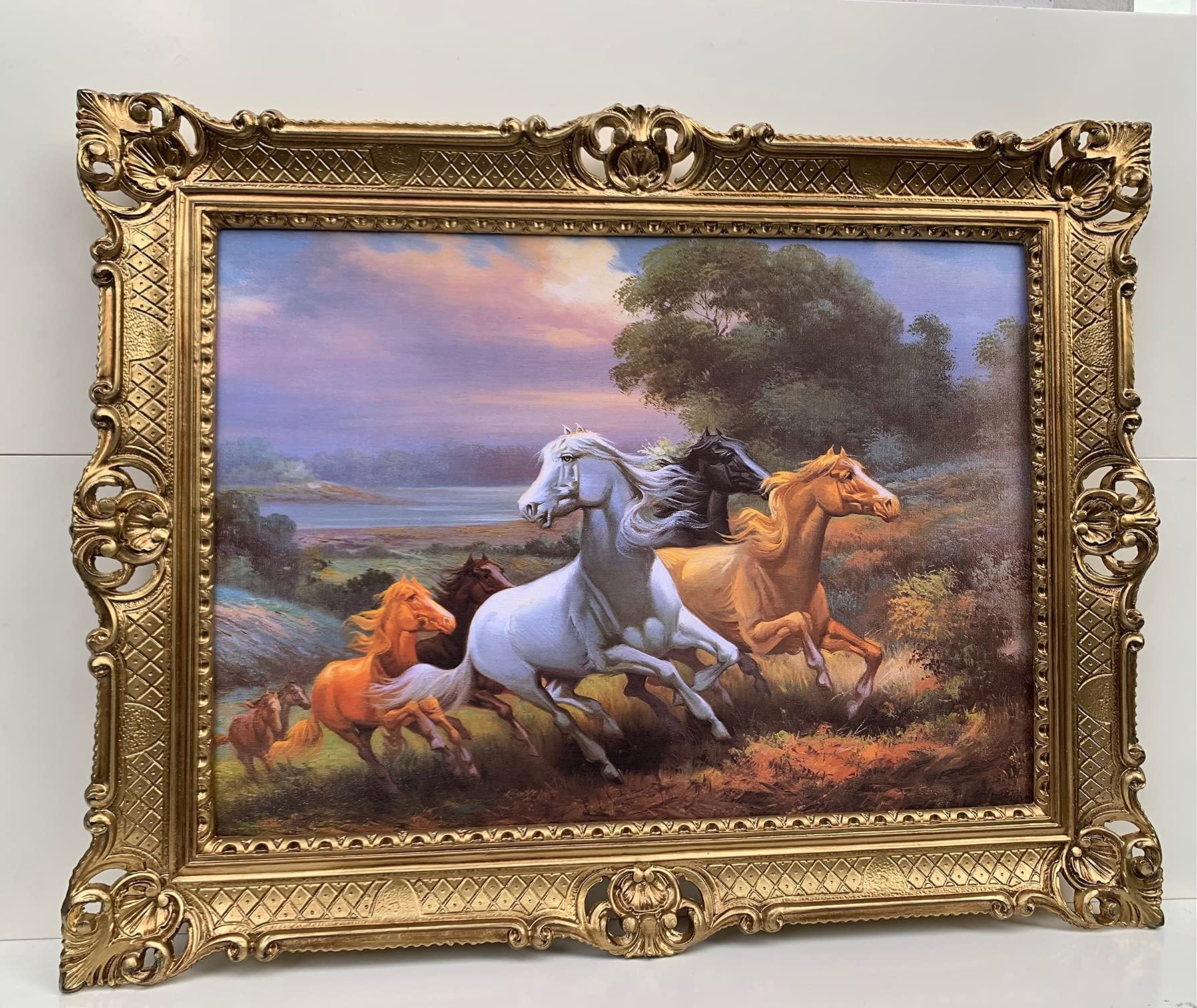 artissimo Obraz konie dzikie konie w krajobrazach barokowa rama 90 x 70 obraz z ramą obraz do salonu oprawiony obraz antyczny obraz ścienny