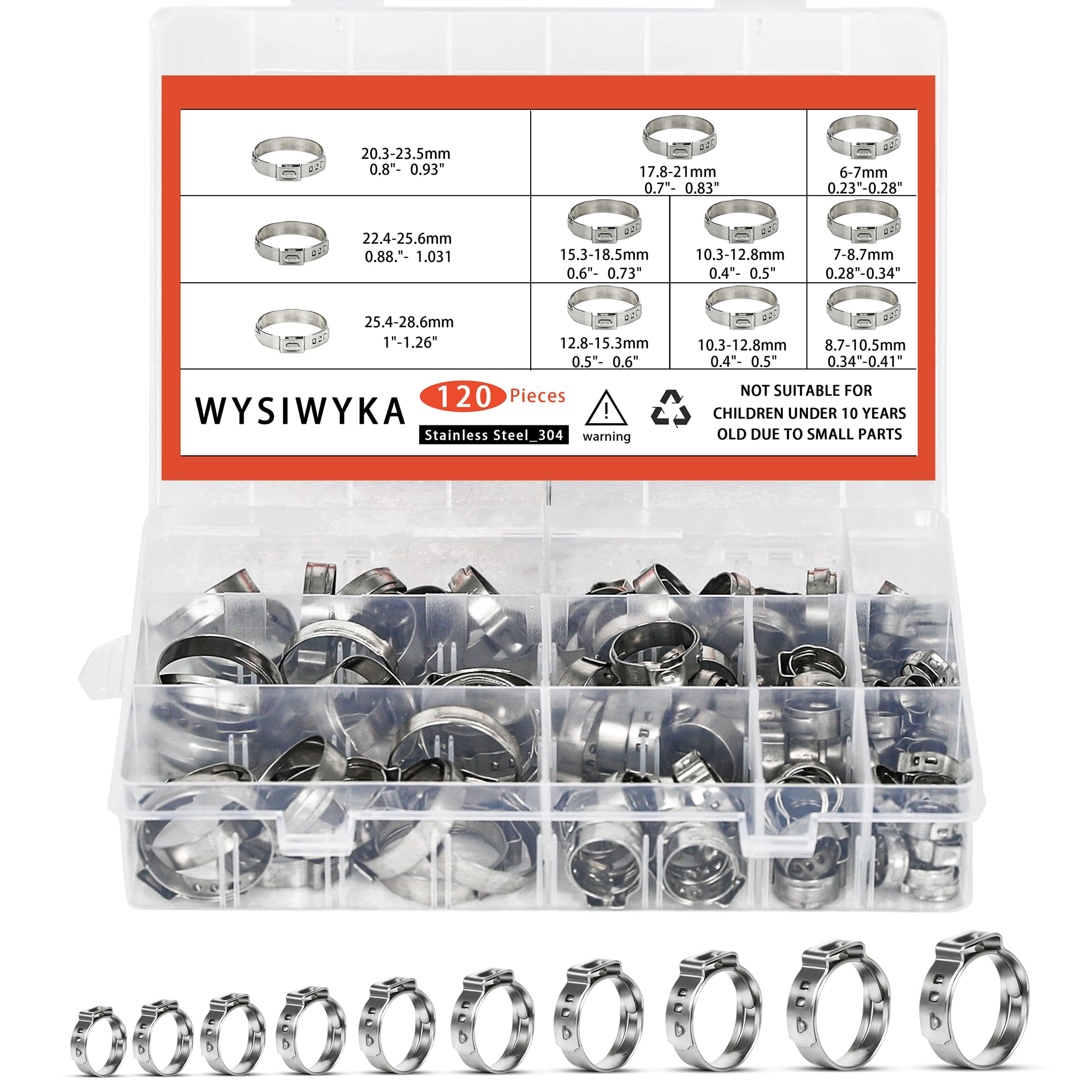 120 PCS 10 Sizes Single Ear Hose Clamps, 6-28.6mm 304 Stainless Steel Crimp Hose Clamp Assortment Kit, Stepless Hose Clamps Cinch Rings for Securing Pipe Hoses and Automotive Use