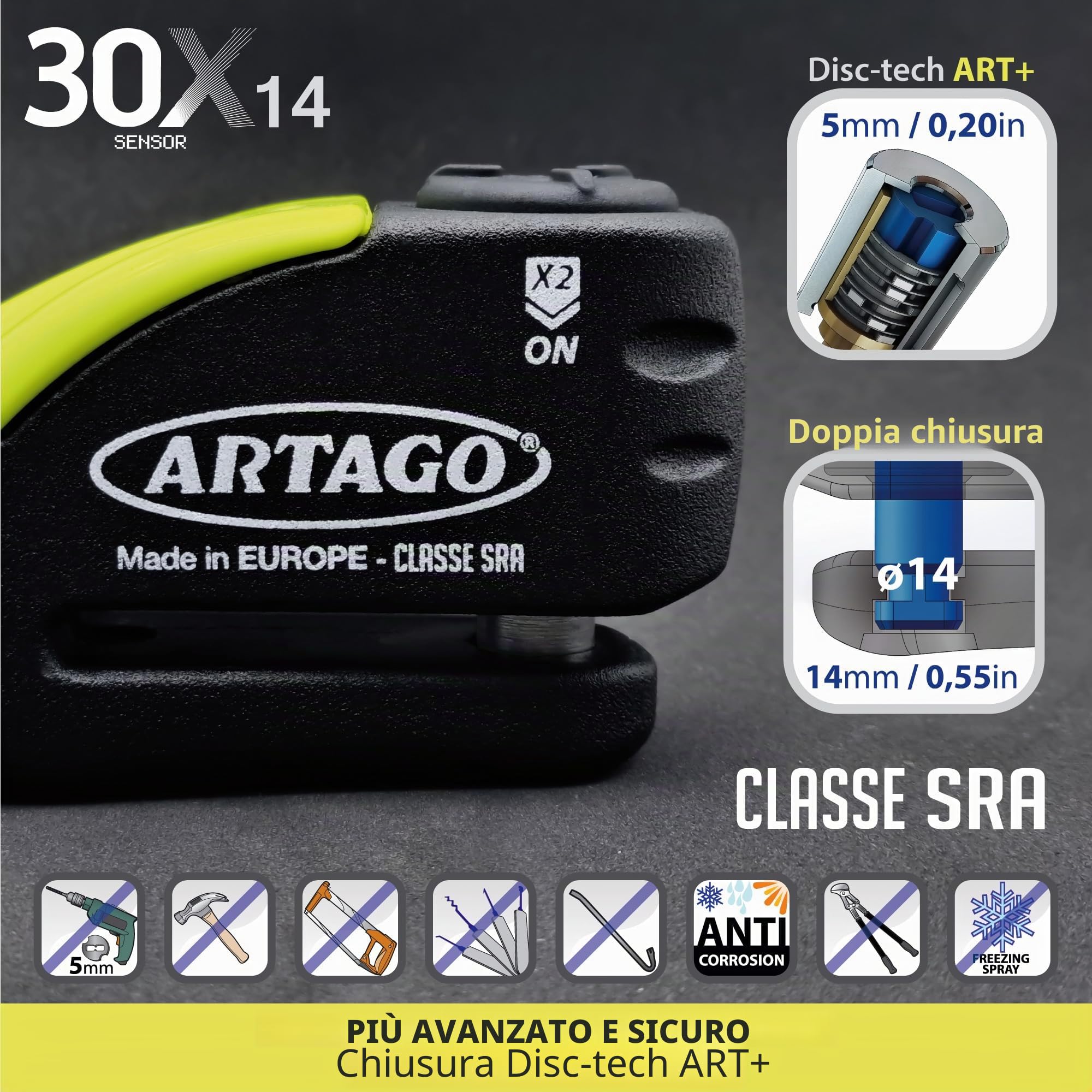 Artago 30X2 Pack Antifurto Bloccadisco con Allarme 120db Alta Sicurezza + Supporto per Yamaha MT-07 e Tracer 700, Omologato SRA e Sold Secure Gold